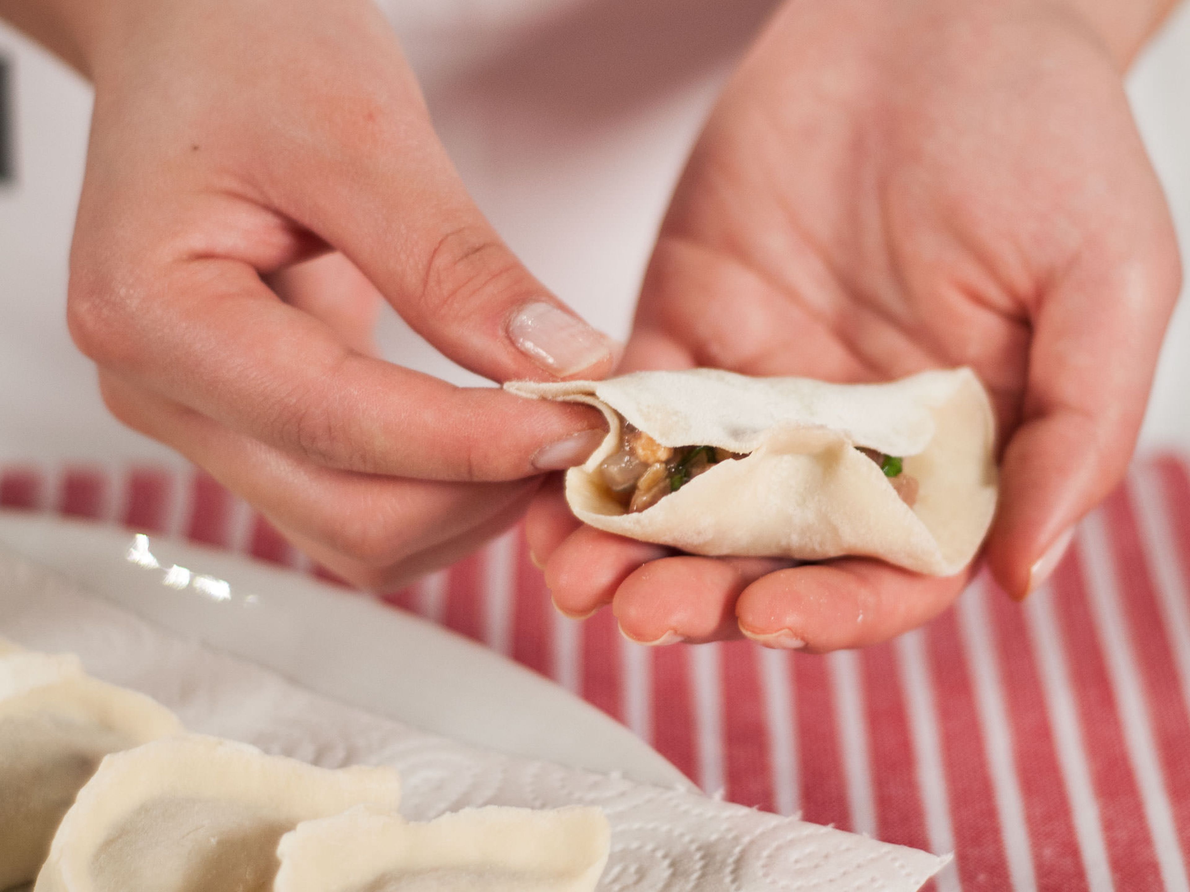 Fold over one side to form a half circle and press the center. Then, tightly seal the remaining edges while releasing any extra air. Make sure that all sides are closed firmly. Place dumplings on a plate lined with paper towel.