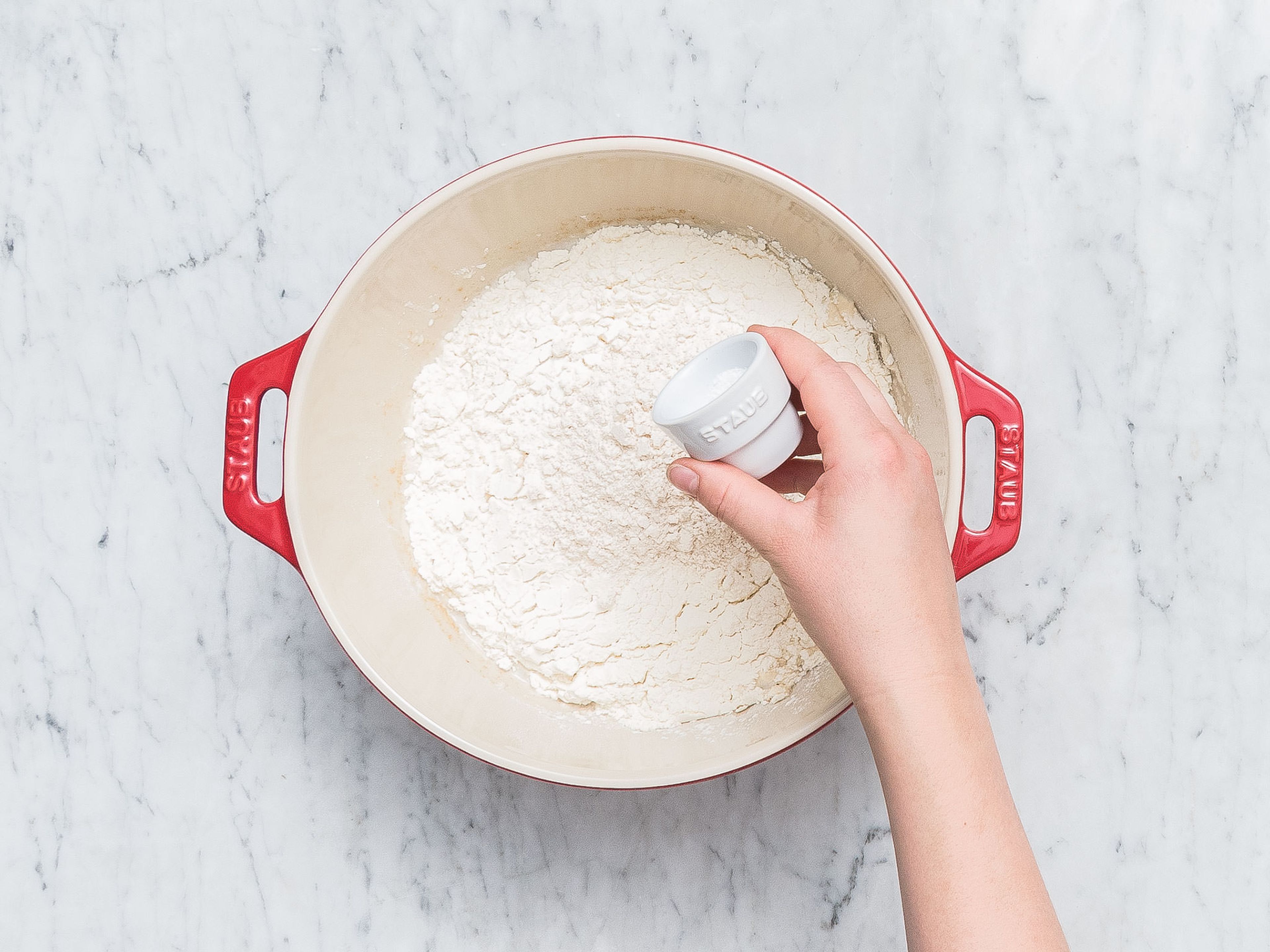 Add lukewarm water, fresh yeast, and sourdough starter to a large bowl and whisk until the yeast is dissolved. Add bread flour, whole-wheat spelt flour, and salt. Stir with a spatula until it becomes a smooth dough. Let rest at 25°C/75°F for approx. 40 – 45 min.