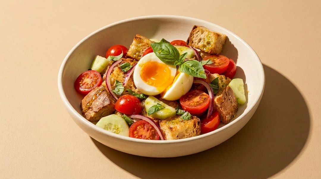Herzhafter Brotsalat zum Brunch: So machst du Frühstücks-Panzanella mit Ei