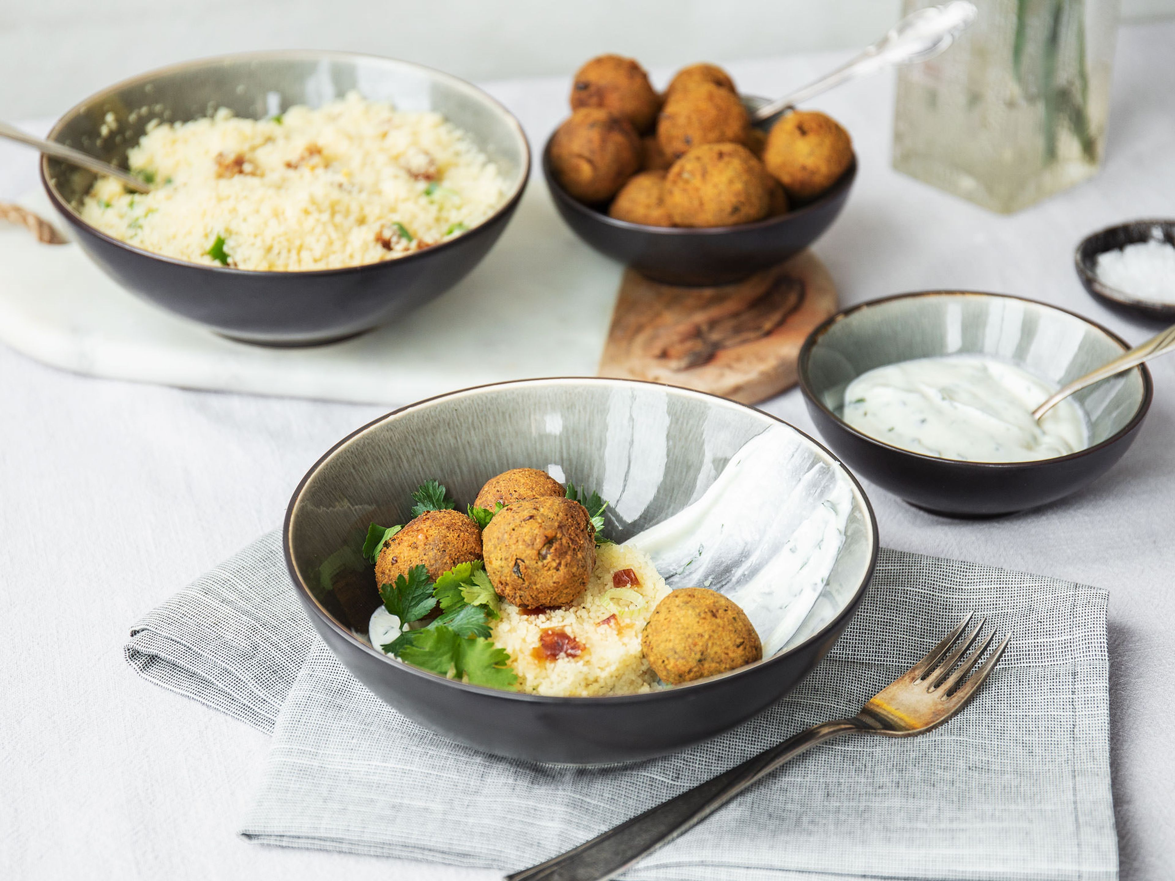 Green pea falafel with lemon couscous and minty yogurt