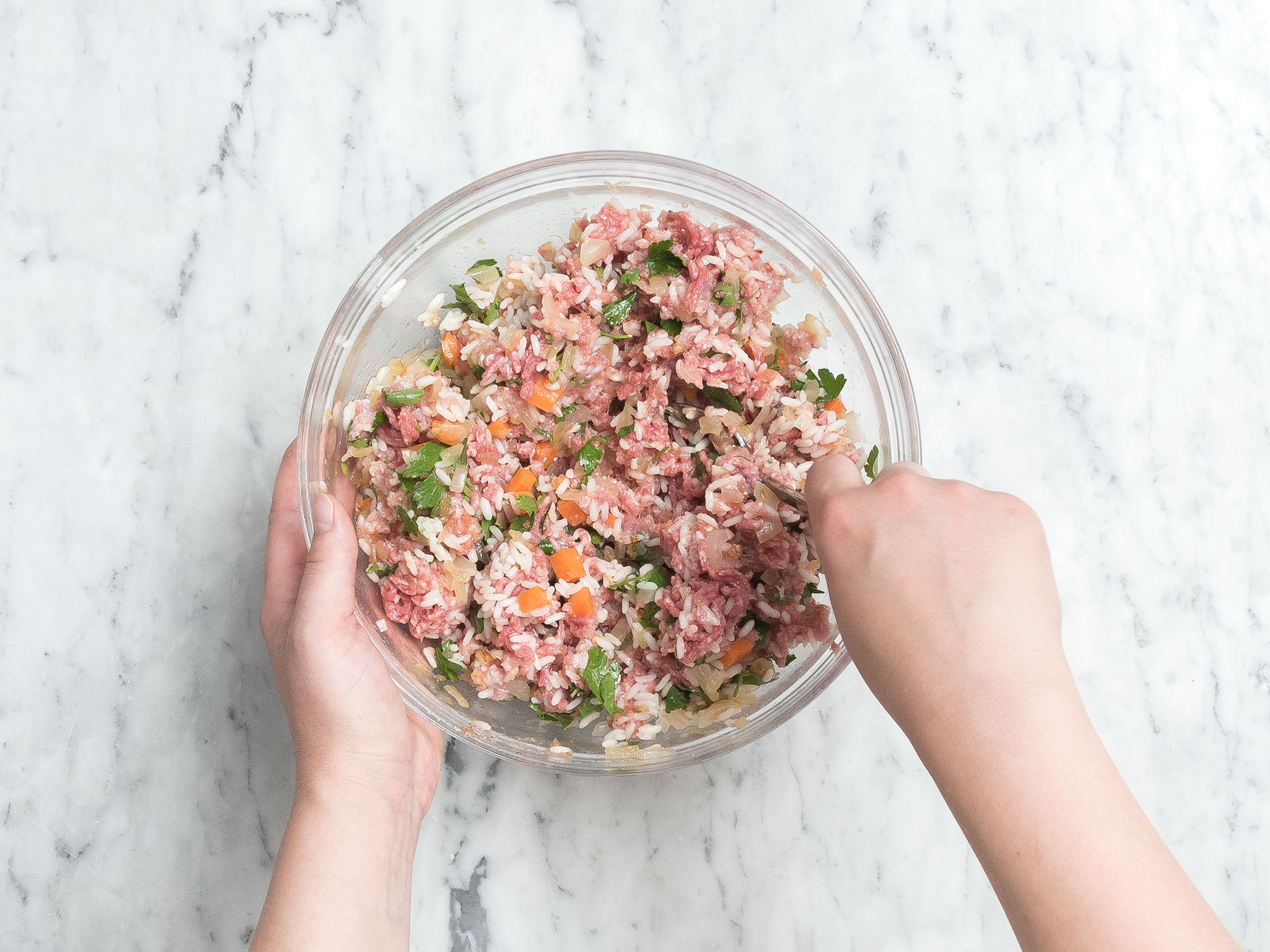 Add ground beef, ground pork, fried vegetables, parsley, half-cooked rice, and pureed tomatoes to a large bowl. Season with salt and pepper and stir to combine.