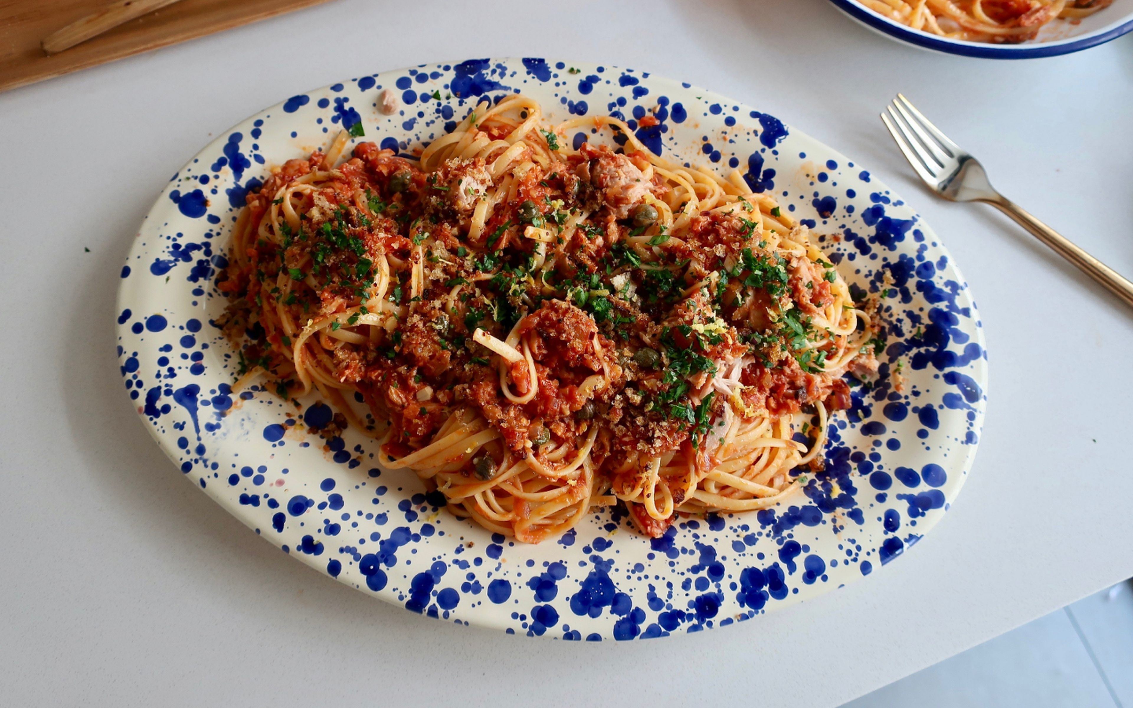 Pantry tuna pasta with capers and crunchy breadcrumbs