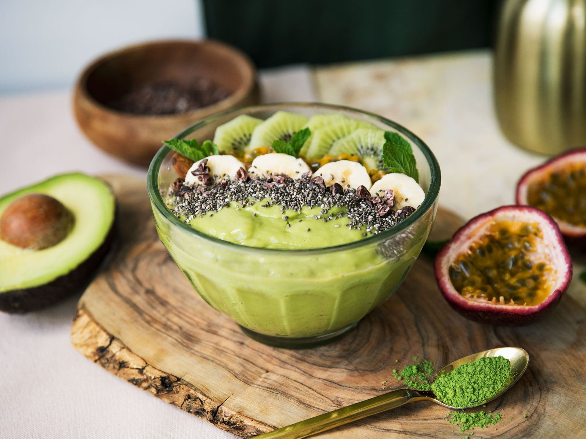 Matcha smoothie bowl with chia seeds