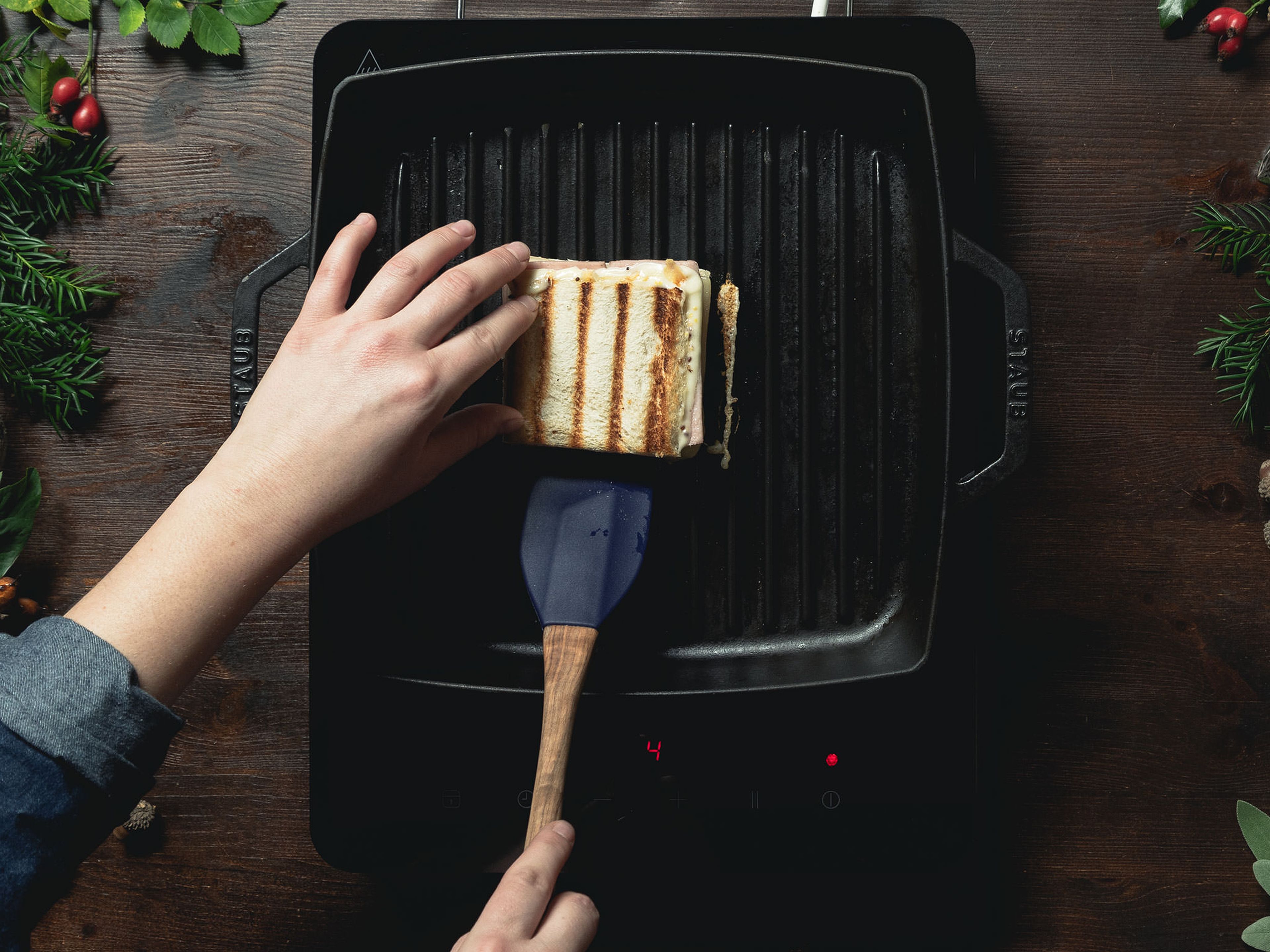 Heat an oiled grill pan over medium-high heat. Grill each sandwich on both sides until golden brown.