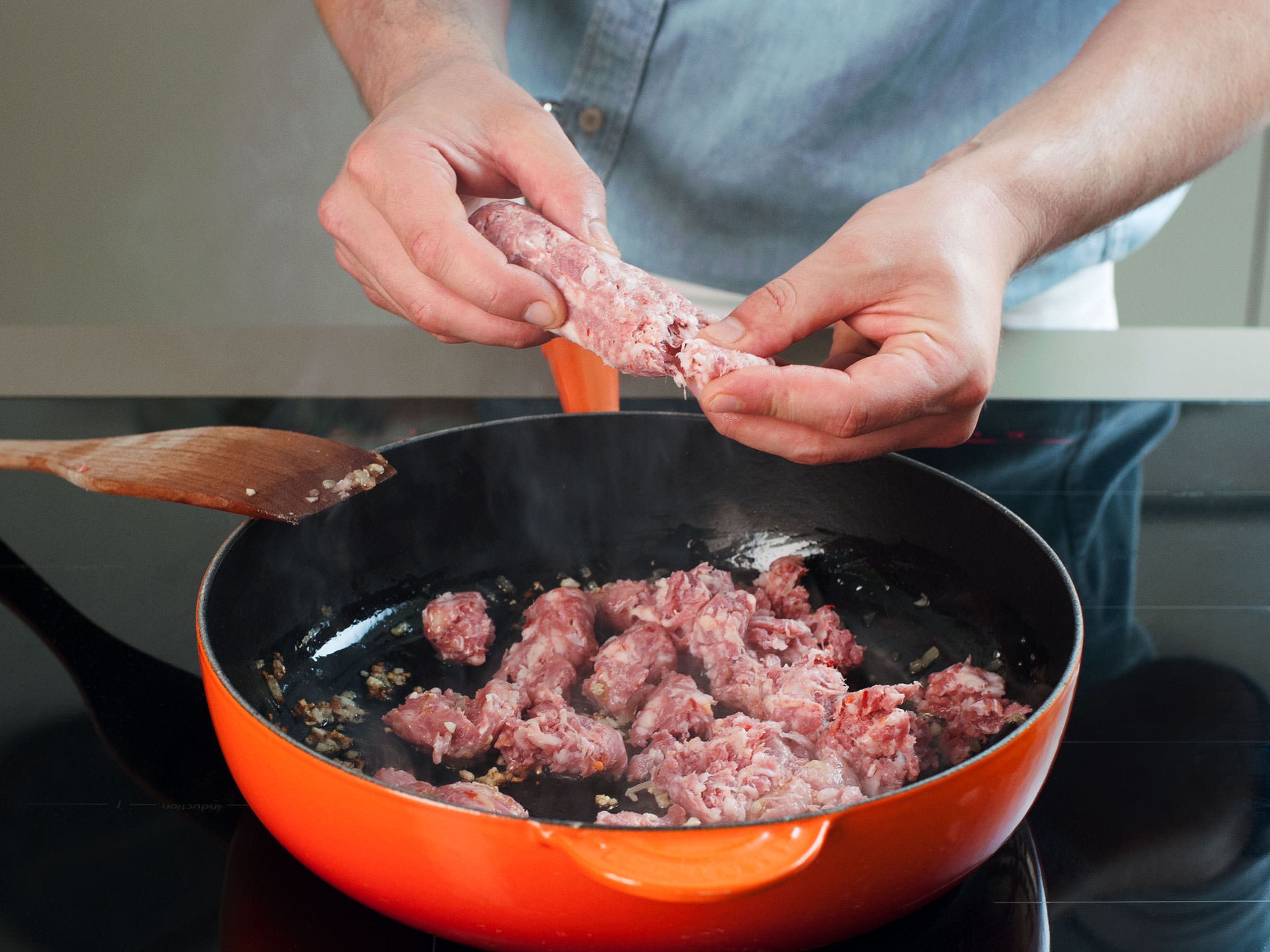 Crumble salsiccia into pan and sauté, stirring occasionally, for approx. 3 – 5 min. until browned. Take care to not let the salsiccia stick to the bottom of the pan.