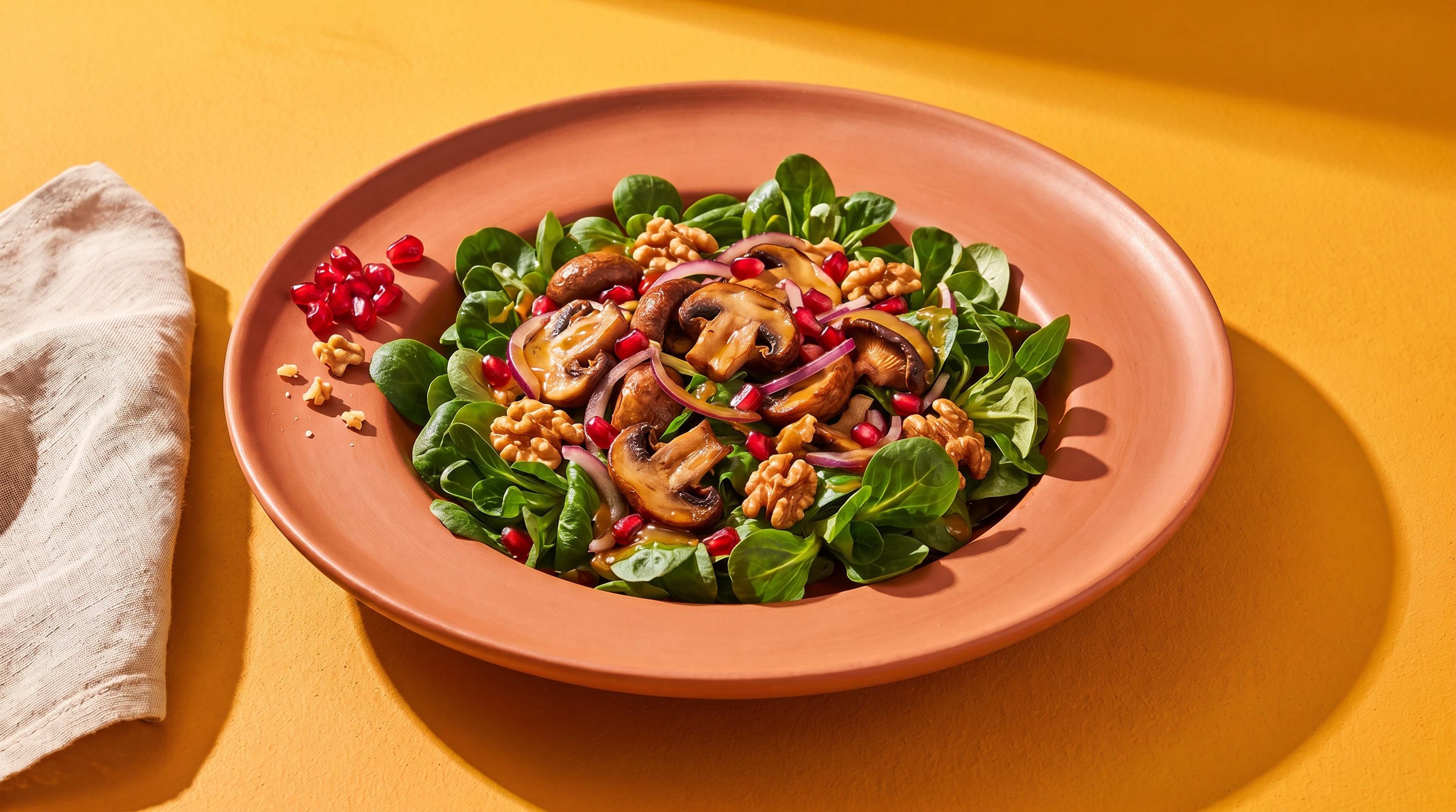 Feldsalat mit Pilzen Champignons, Walnüssen und Granatapfel bringt Aroma auf den Tisch
