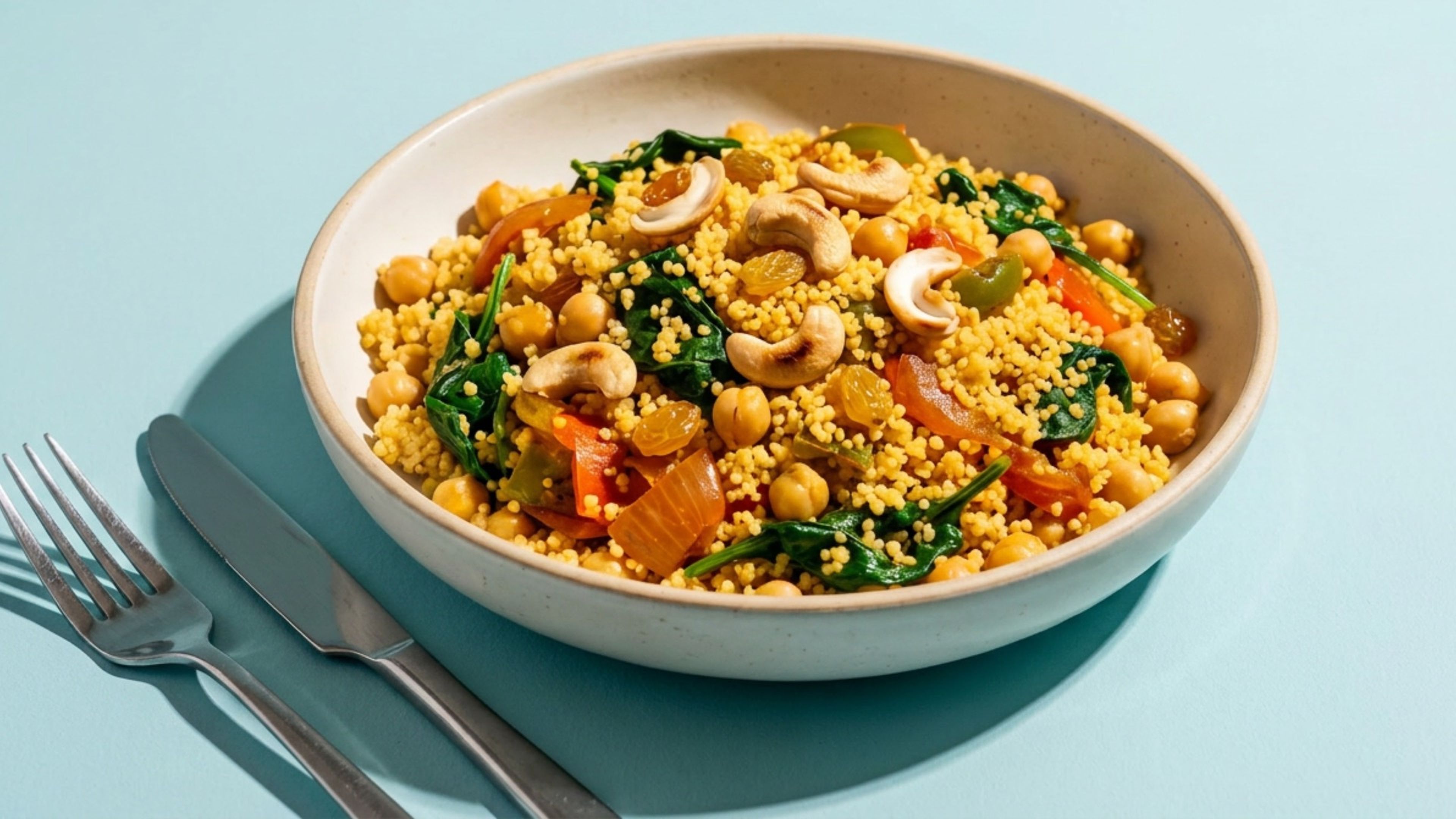 Couscous-Pfanne mit Spinat und Kichererbsen: schnelles Gericht für Mittag oder Feierabend
