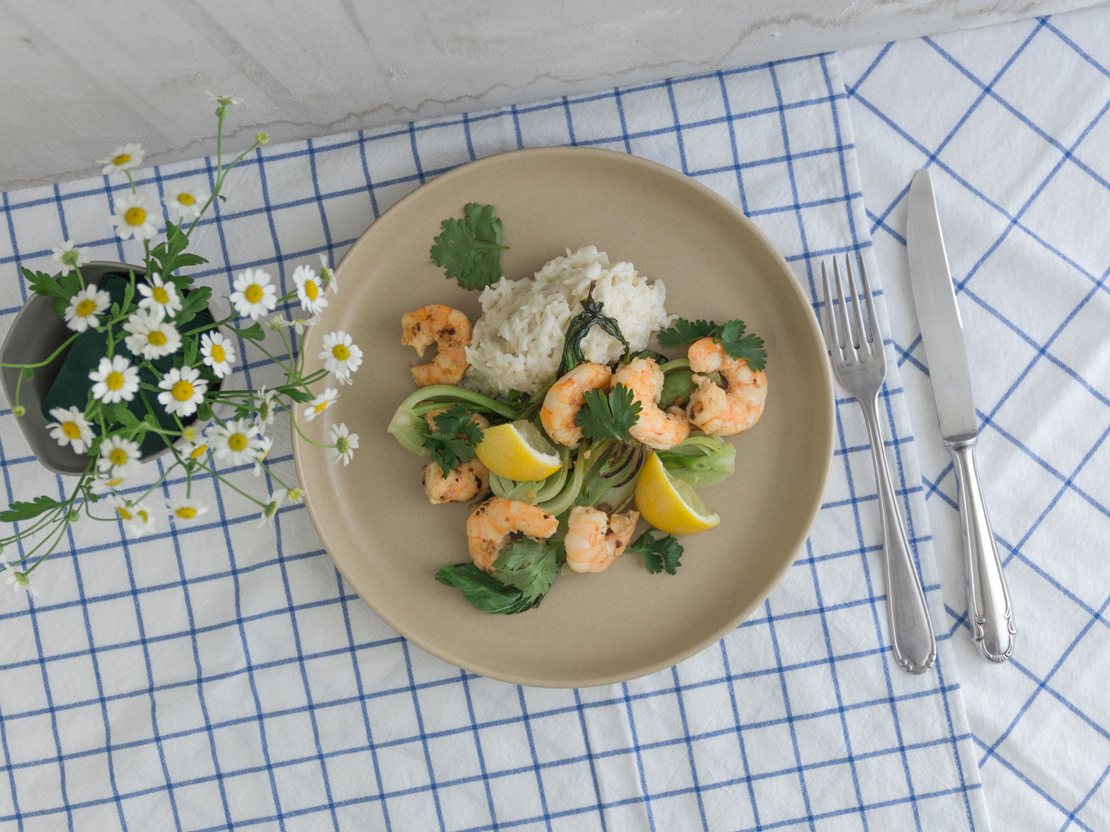 Shrimp with baby bok choy and coconut rice