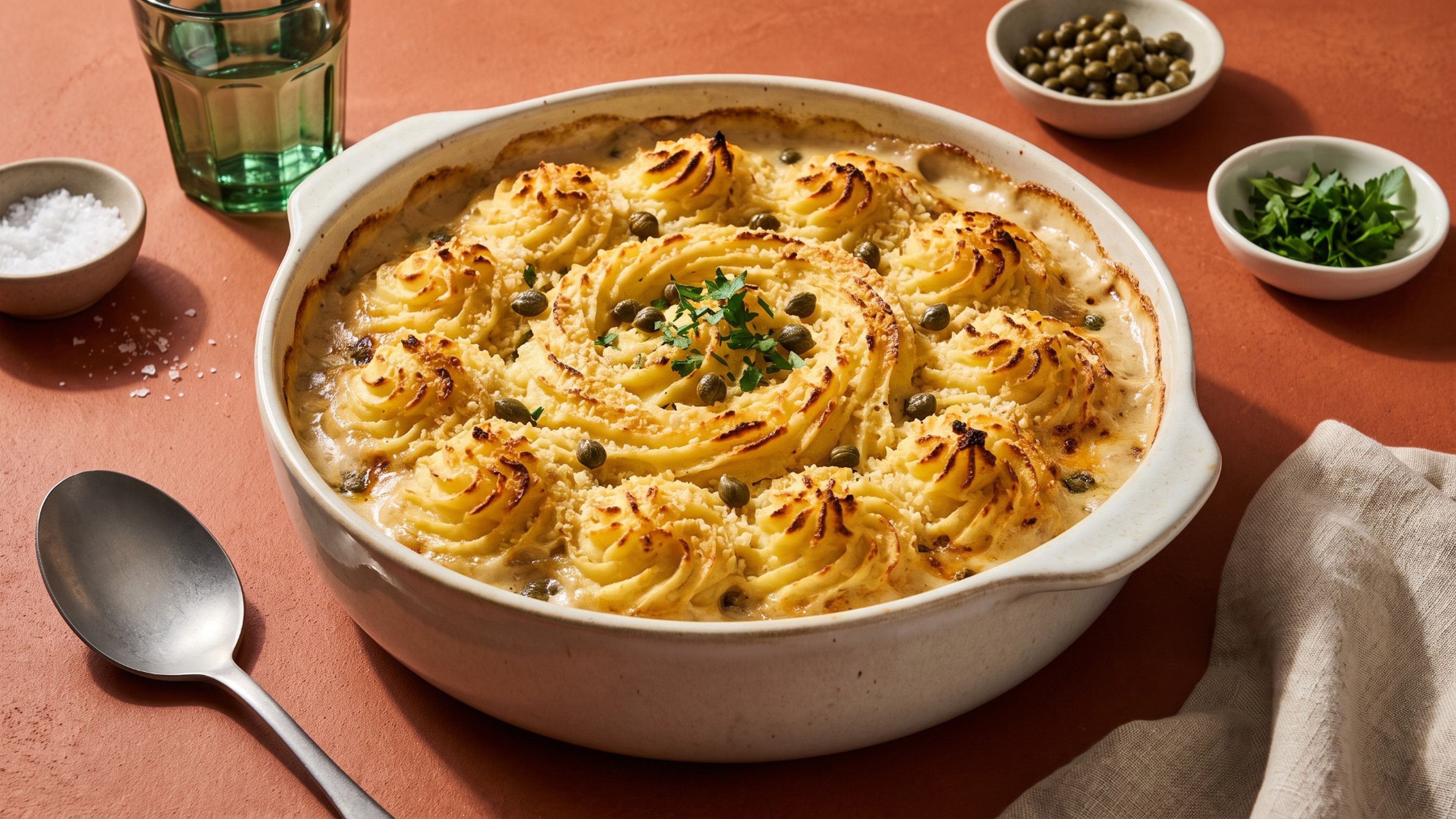 Knuspriger Auflauf mit Königsberger Klopsen und Kartoffelhaube