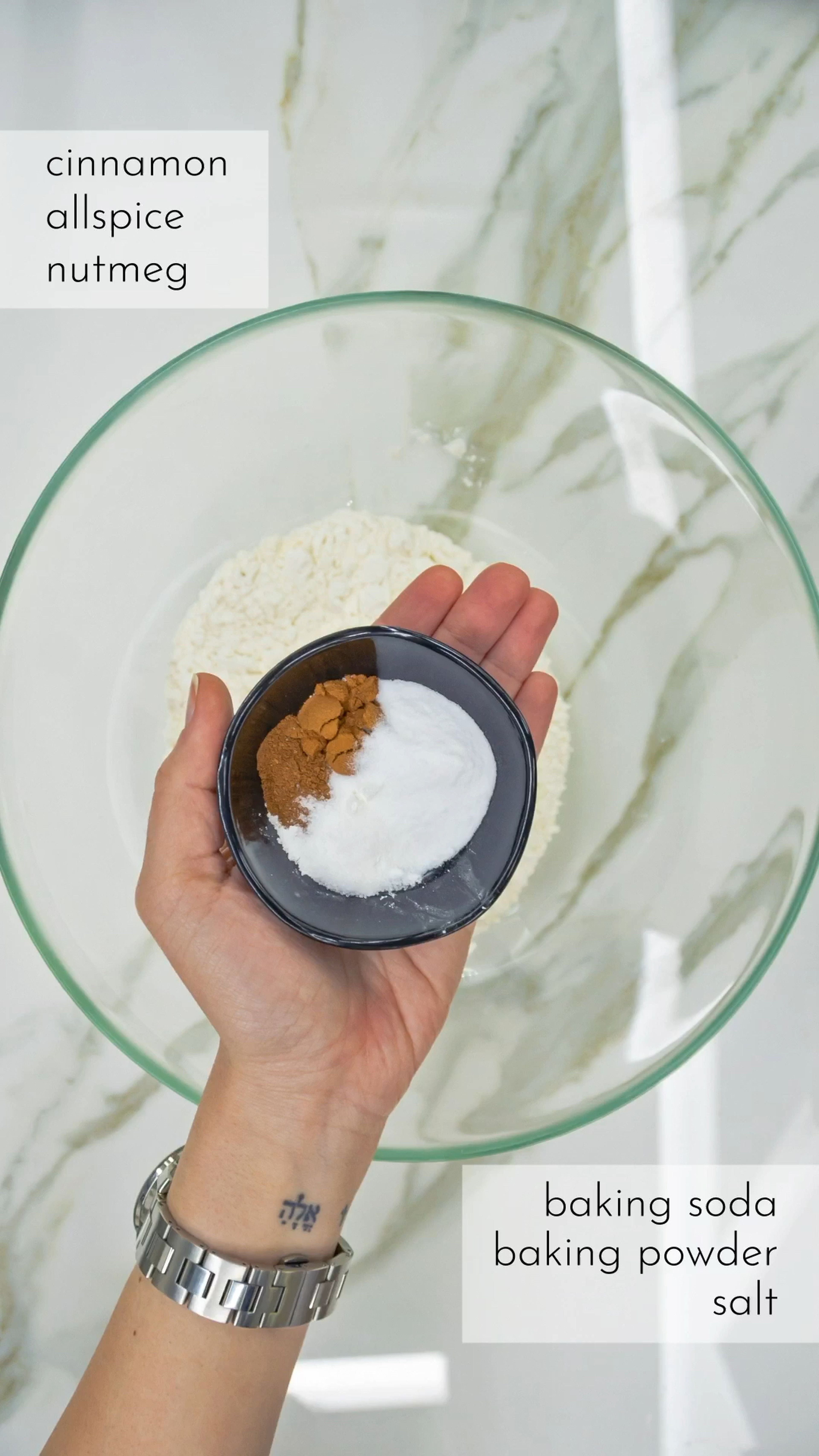 Next, sift together the dry ingredients. Combine flour, baking soda, baking powder, salt, cinnamon, allspice, and nutmeg. Then move on to the wet ingredients.