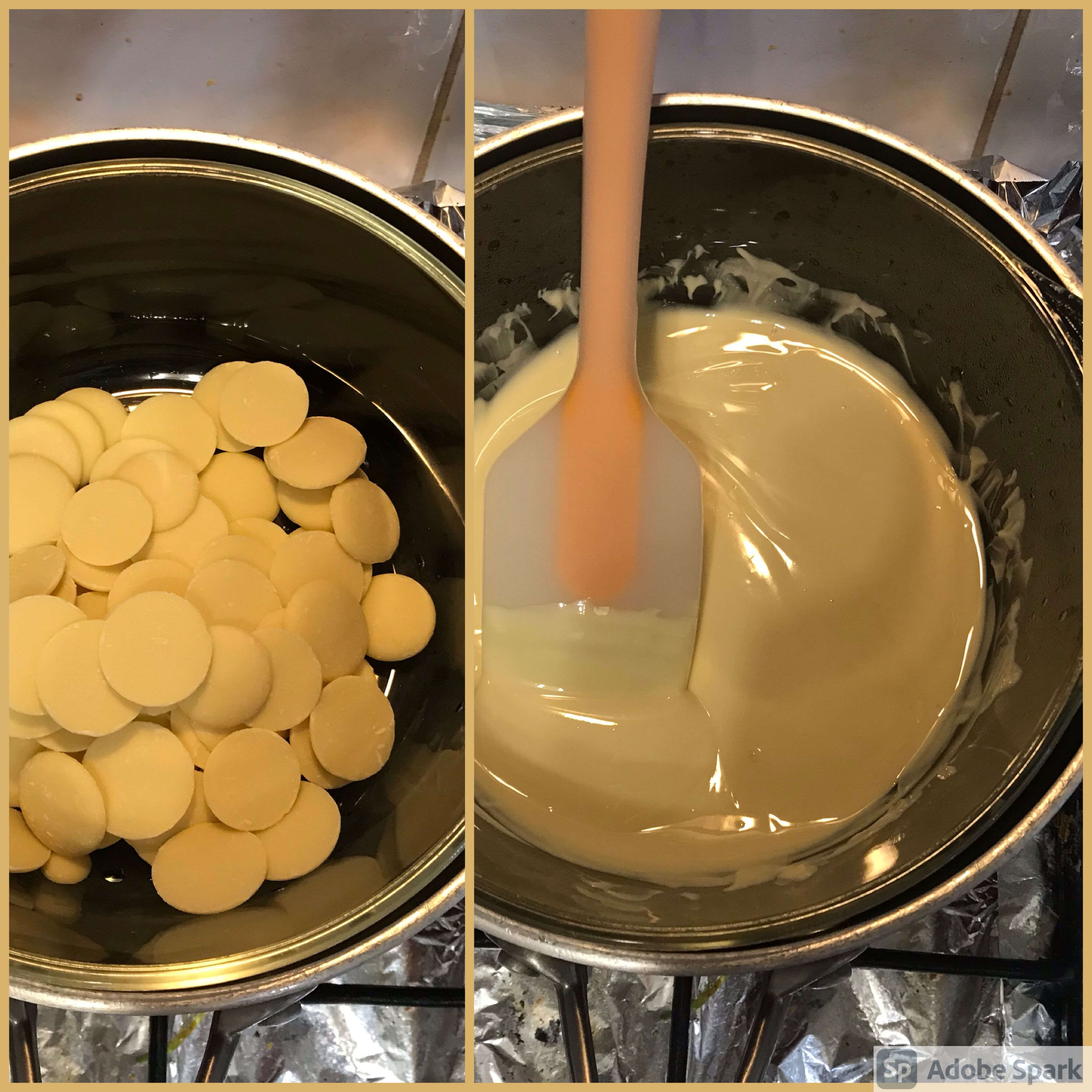 You can leave the cakes to chill for a day before assembling and frosting. To make the white chocolate buttercream, melt white chocolate. Make sure it’s completely smooth! (I used a glass bowl set over a saucepan of simmering water, but you can melt it in the microwave too.)