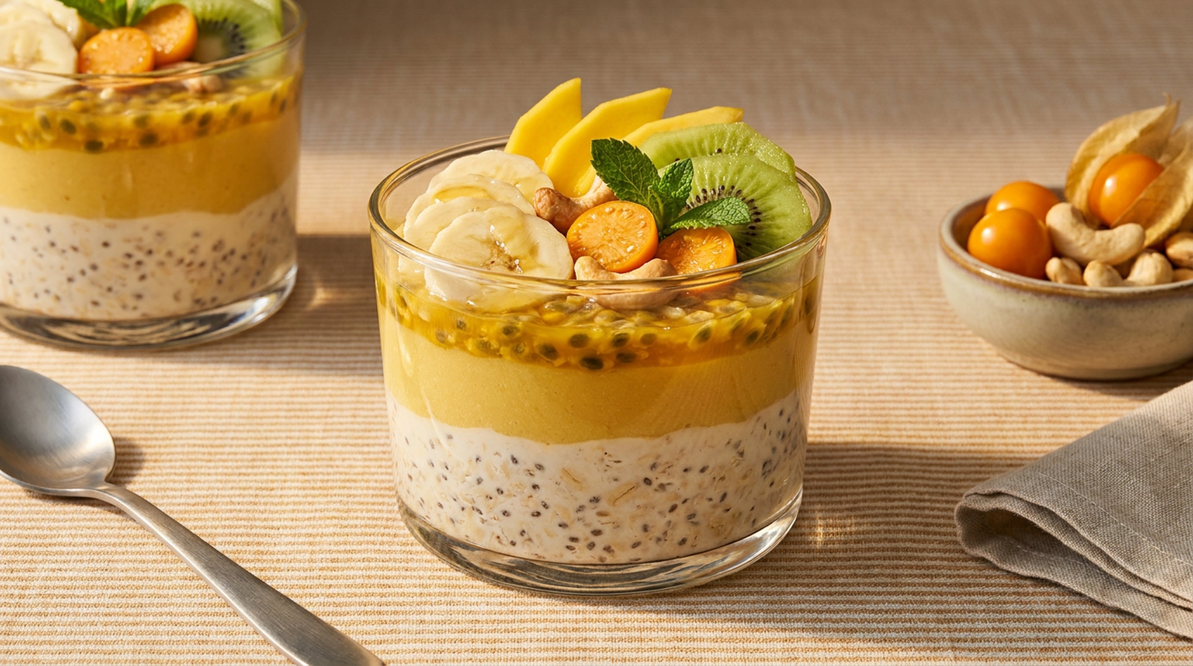 Tropische Smoothie-Bowl mit Overnight-Oats und frischen Früchten