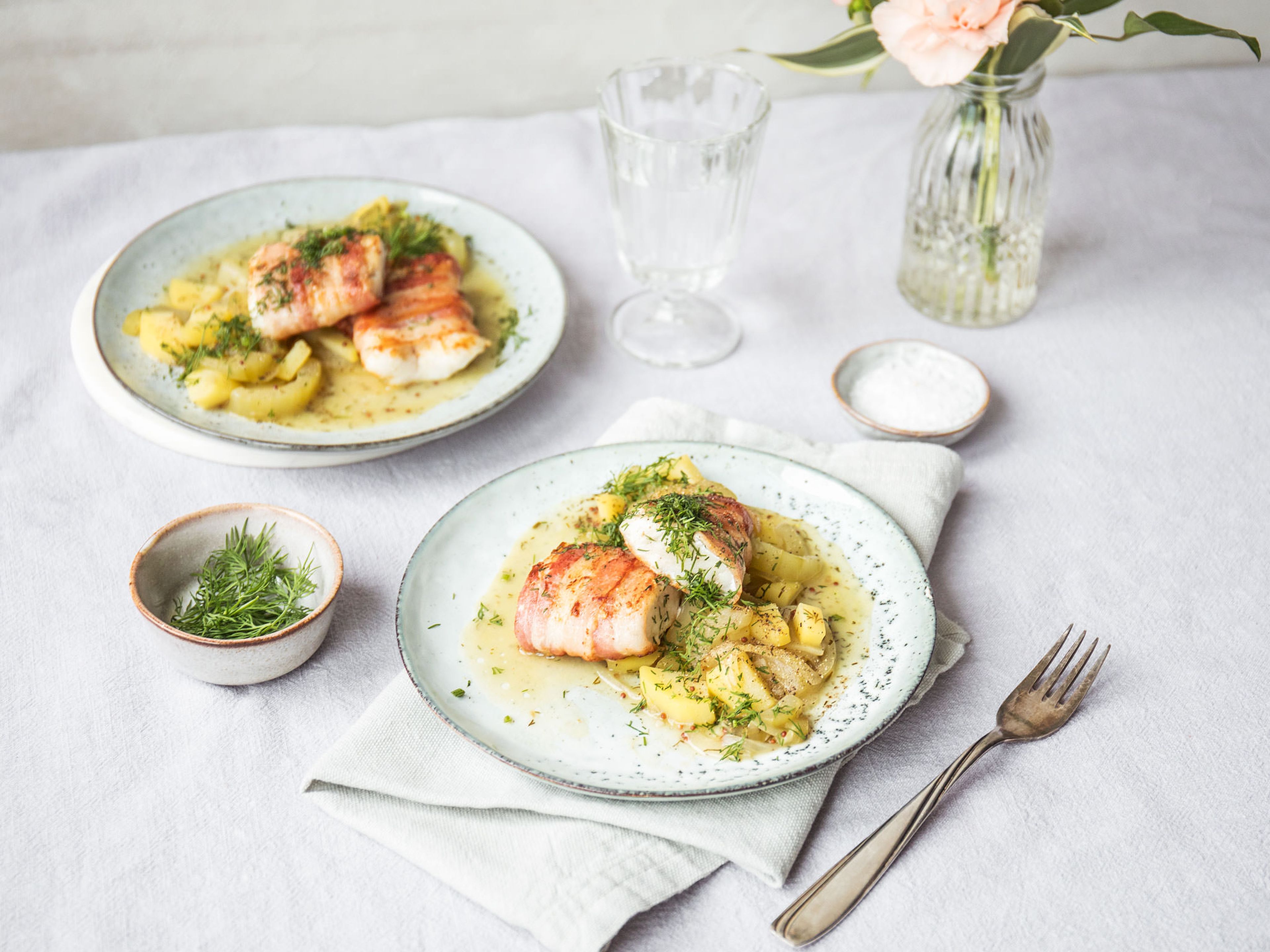 Bacon-wrapped pike perch with cucumber-potato salad