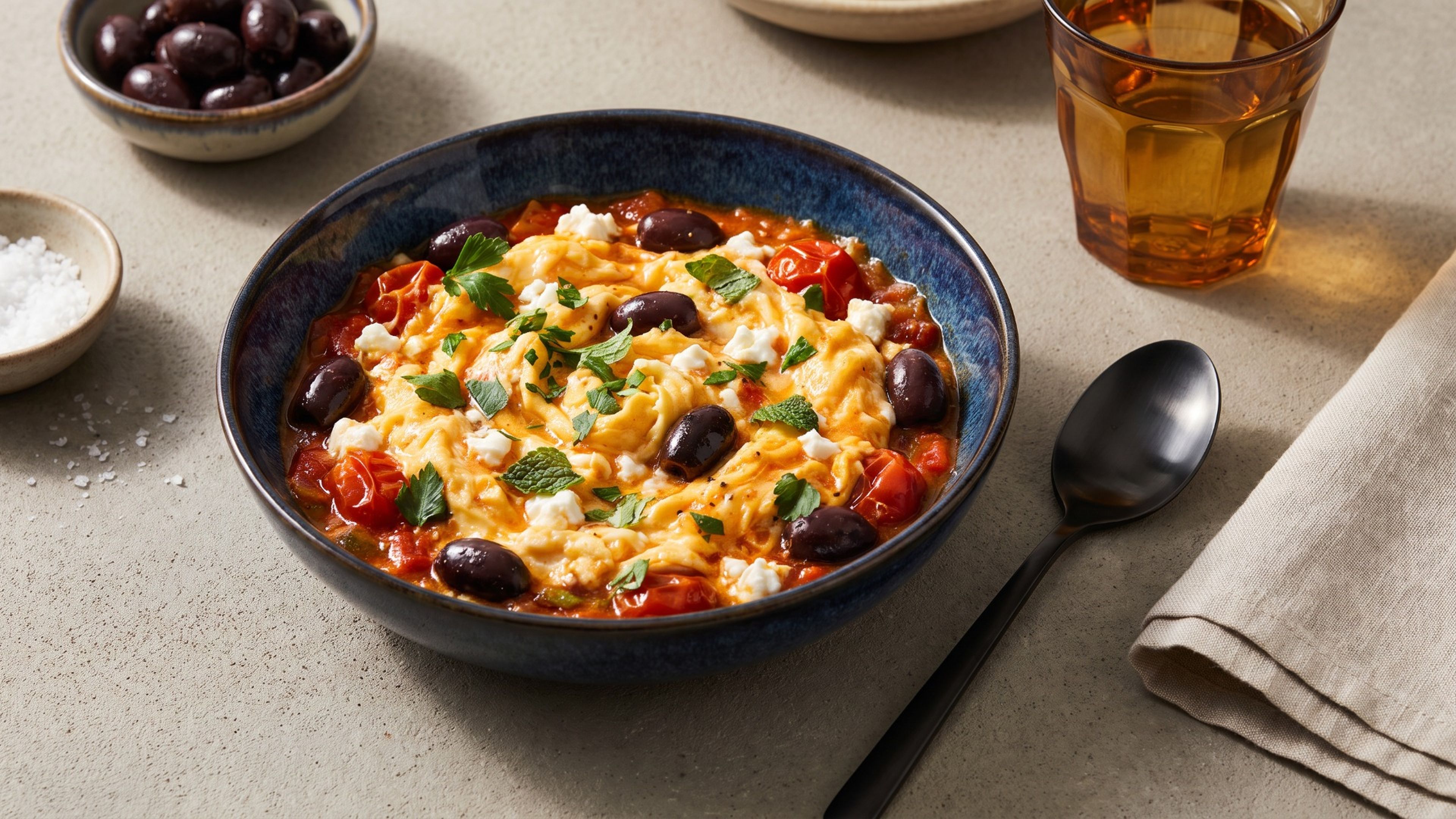 Ein türkischer Frühstücksklassiker mit Twist: Menemen mit Feta und Oliven