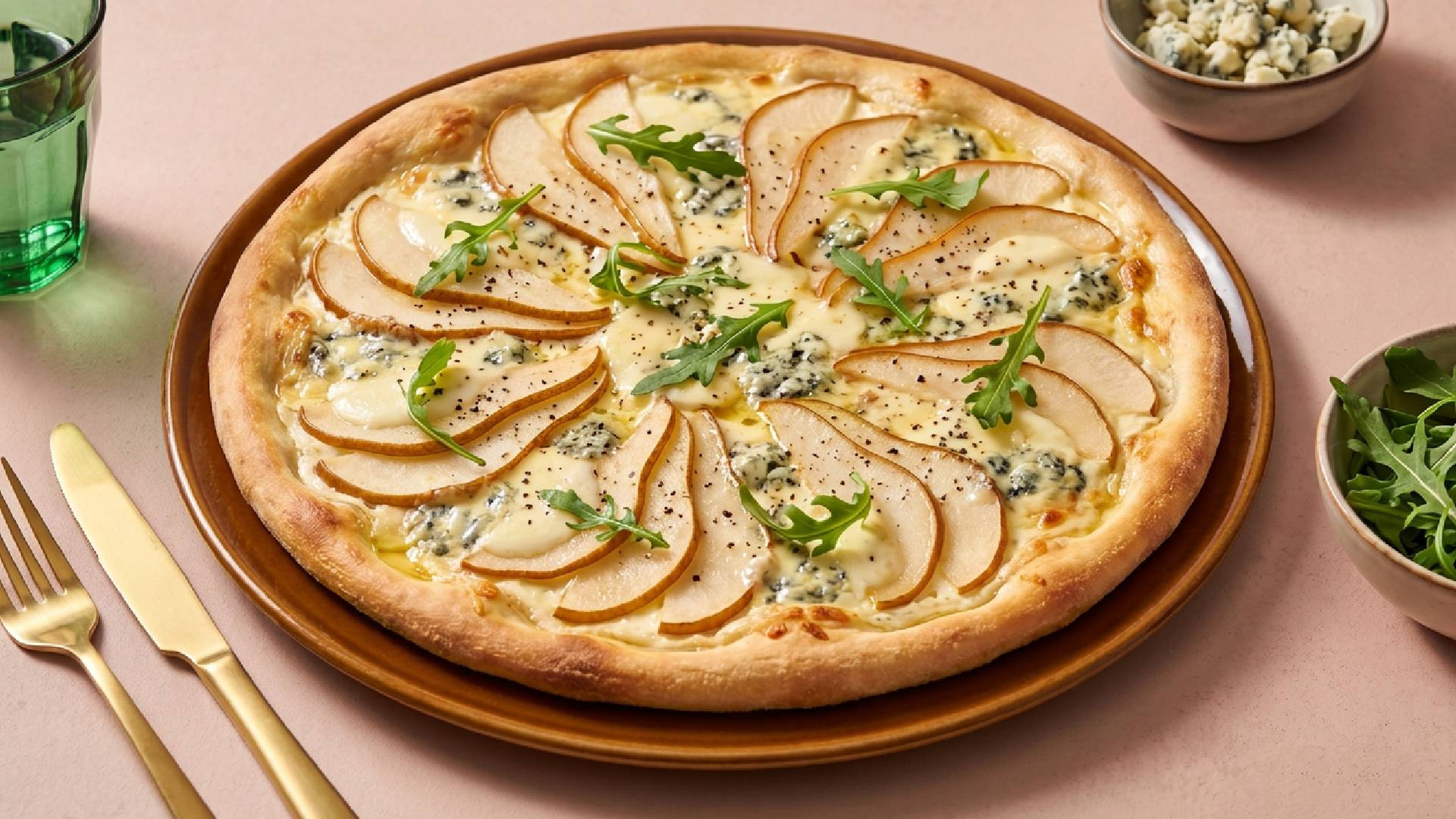 Weiße Pizza mit Birne und Blauschimmelkäse