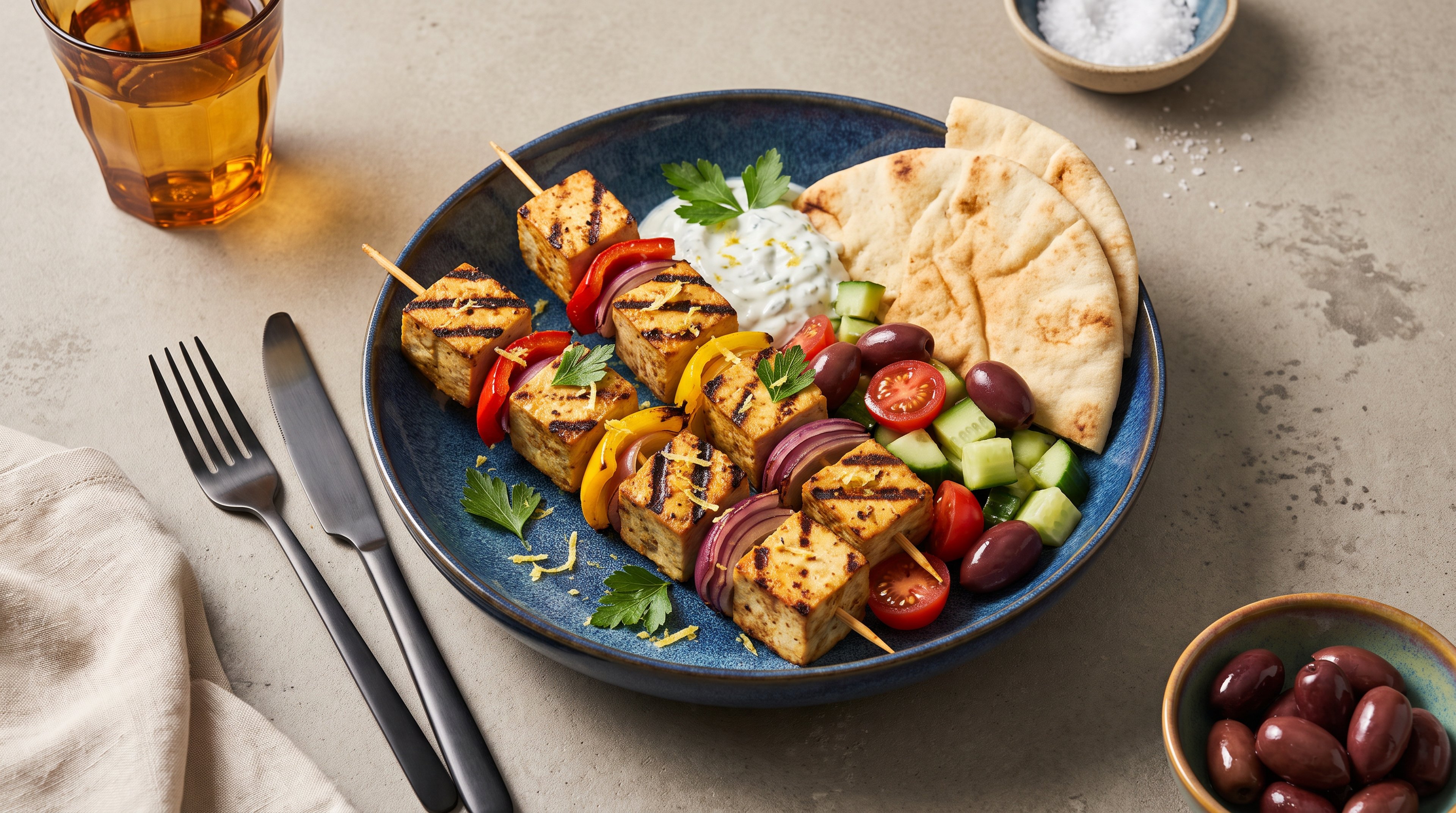 Griechisch grillen: So machst du veganes Tofu-Souvlaki selbst