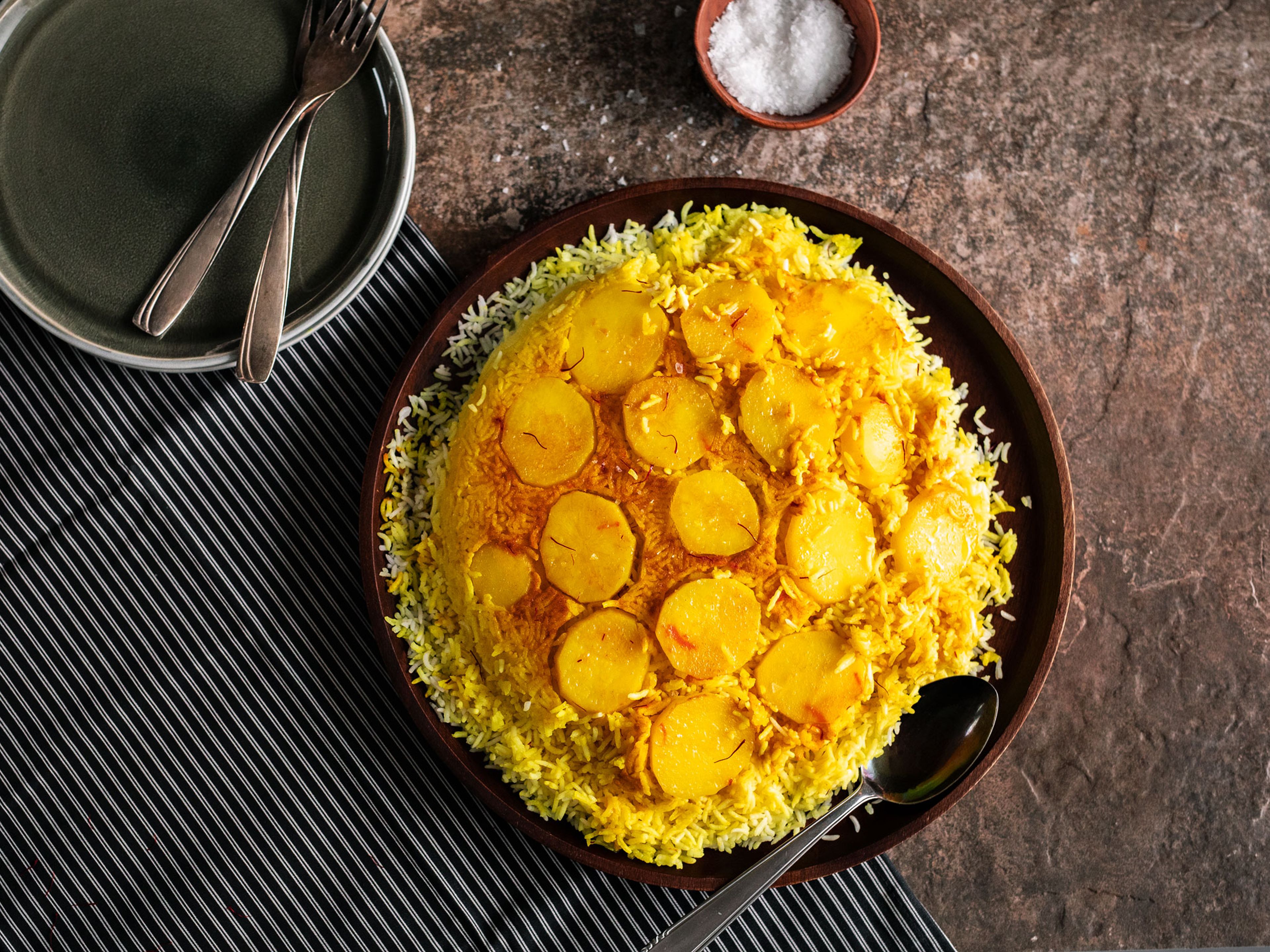 Potato tahdig (Crispy Persian rice with potatoes)