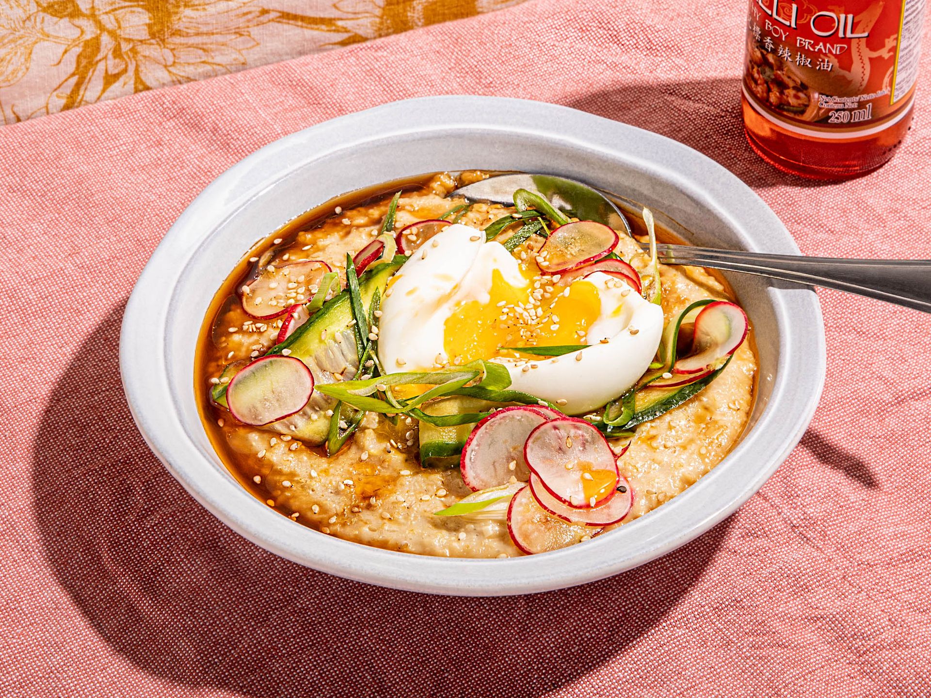 Savory oatmeal with jammy eggs