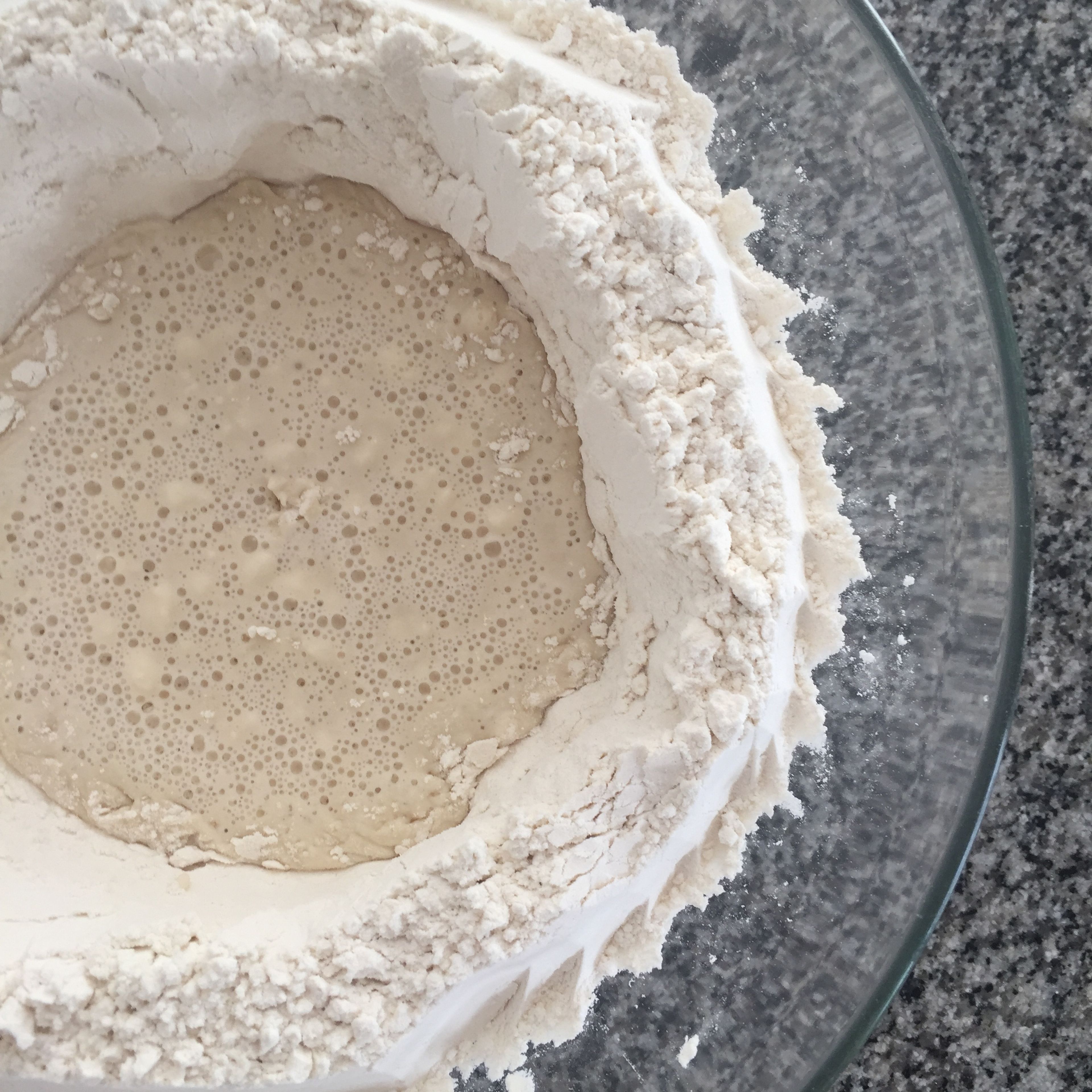 pour yeast mixture into the well, and stir with a little flour (this will feed the yeast). Set to bloom in a warm place for 15-20 minutes.