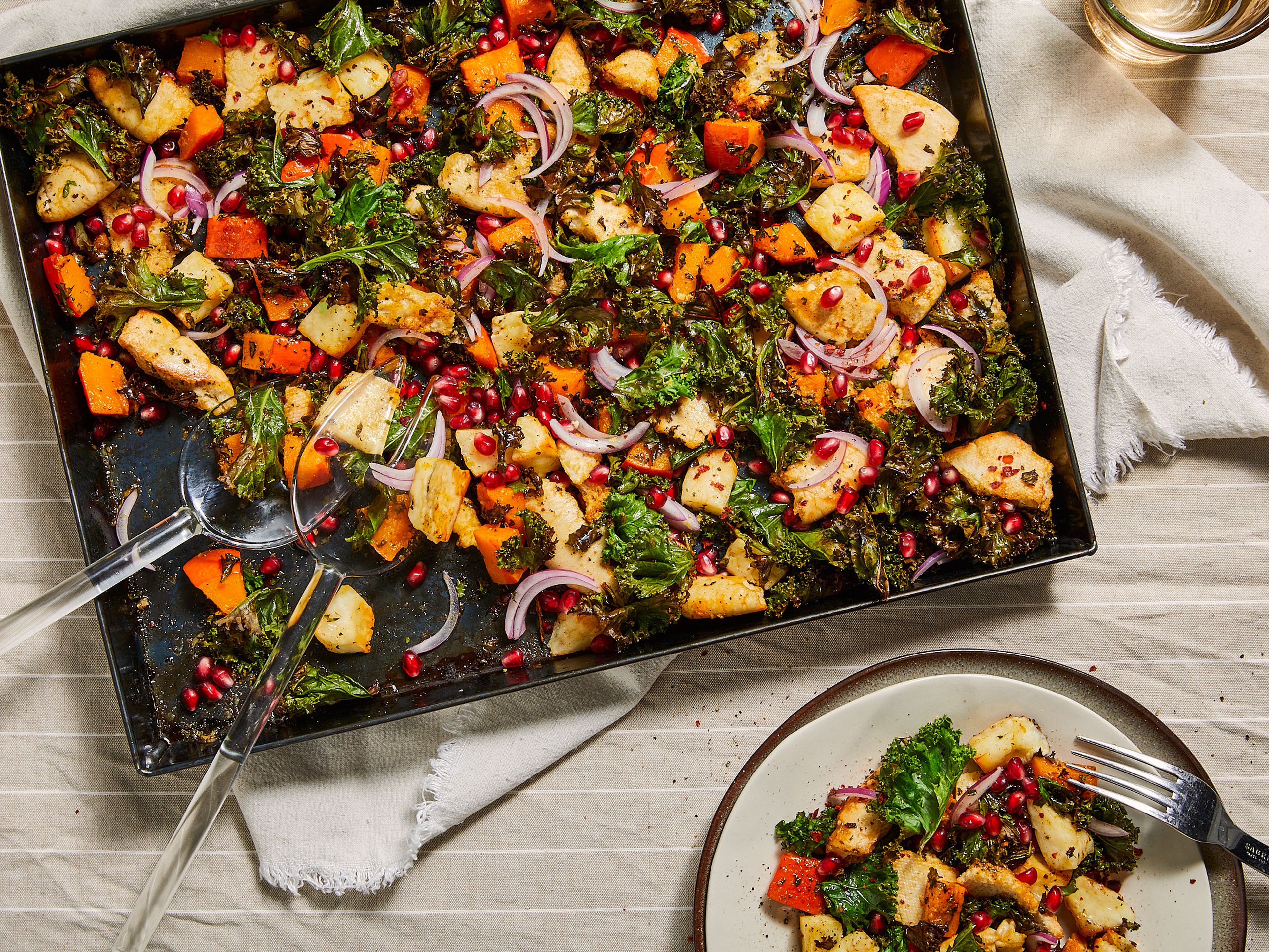 Sheet-pan panzanella with kale and halloumi