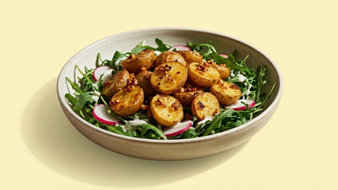 Knusprige Airfryer-Kartoffeln auf frischem Radieschen-Rucola-Salat