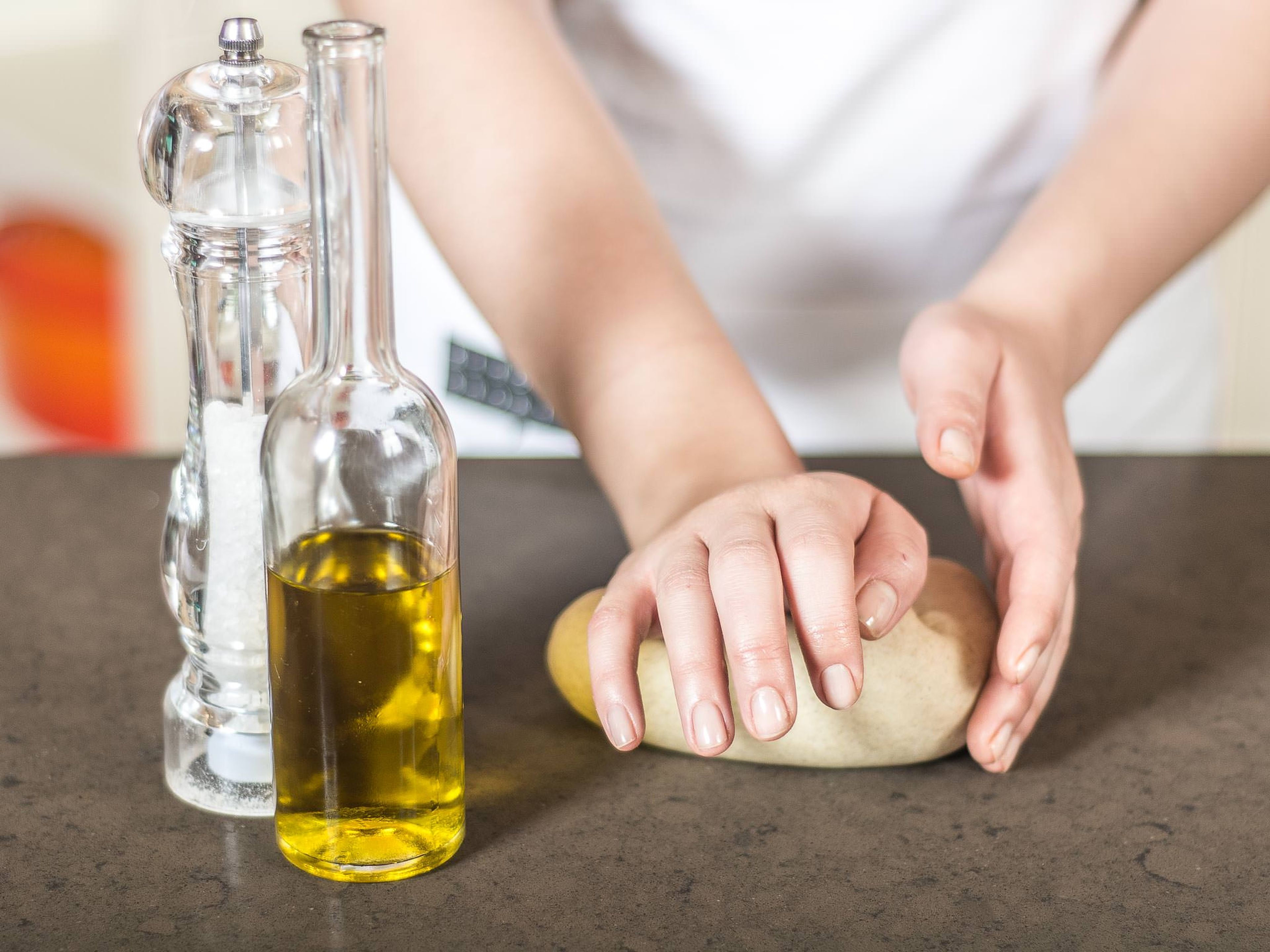 Add salt and olive oil to the dough and knead until fully incorporated. Cover and allow to rise for approx. 40 – 45 min.