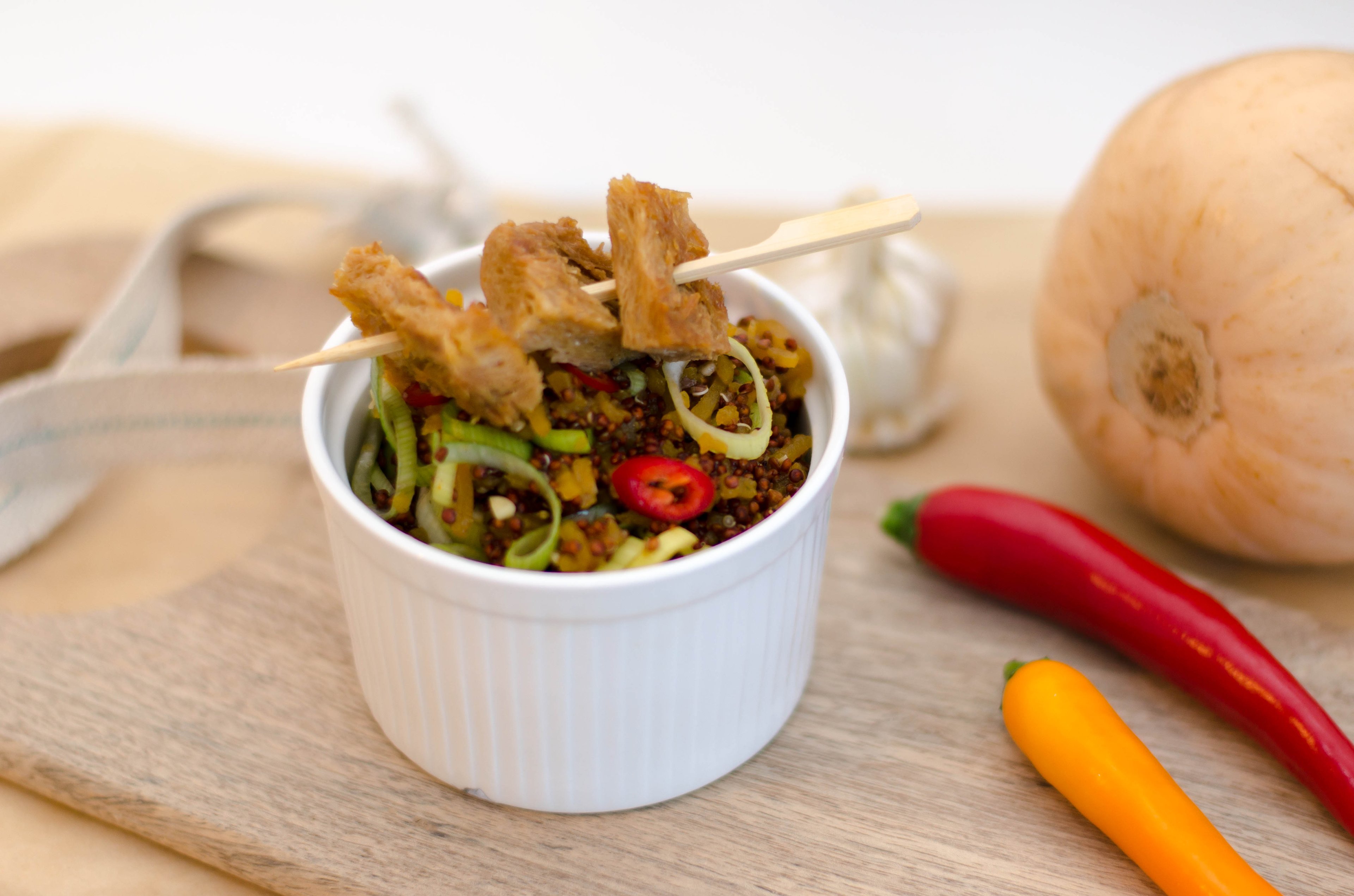 Butternut squash noodles with quinoa and soy-peanut dressing