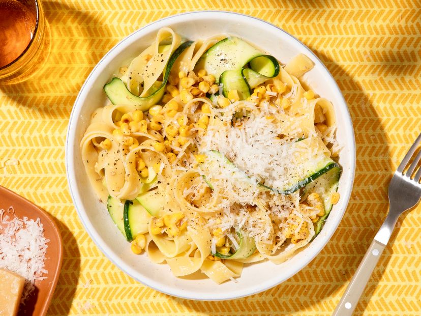Charred corn carbonara with zucchini
