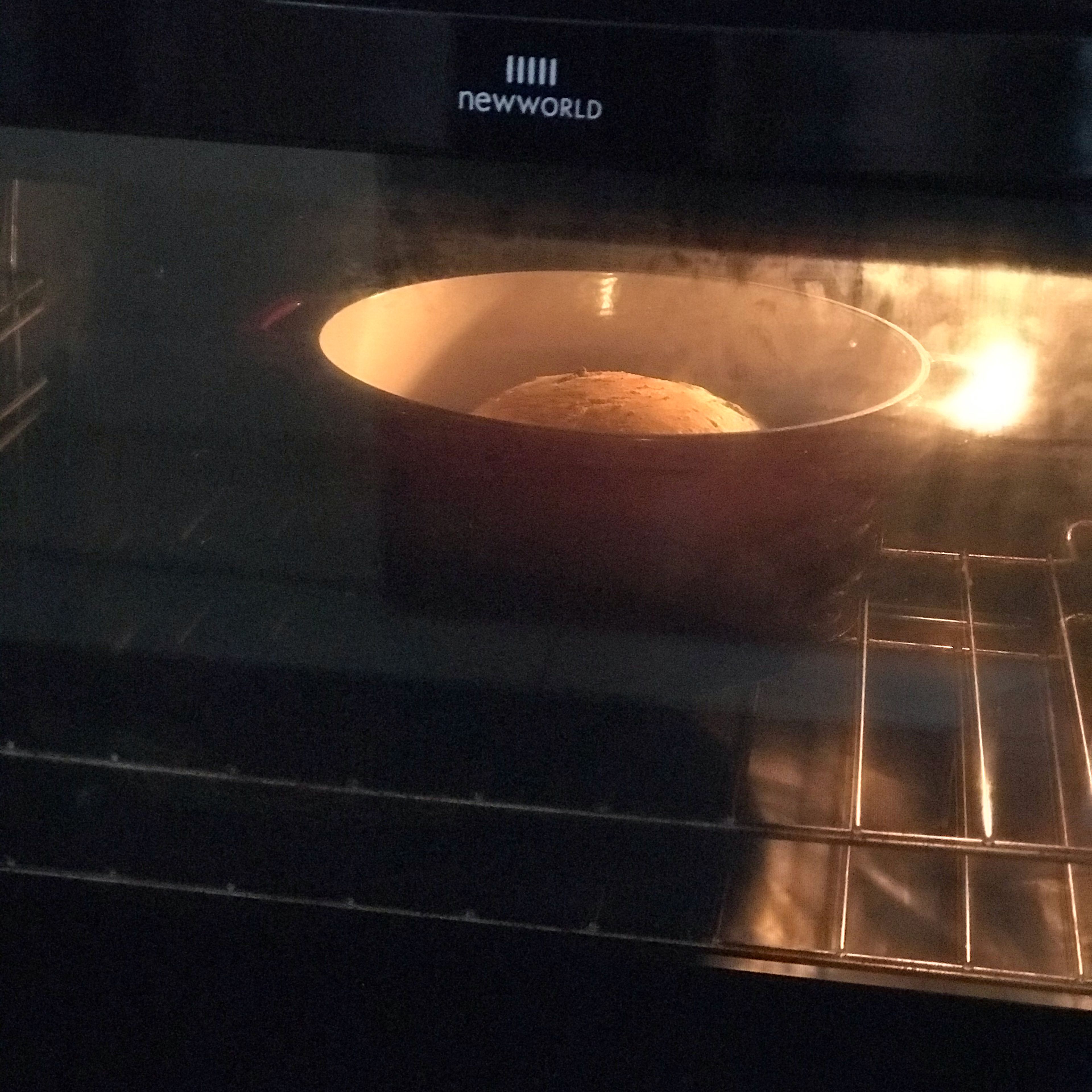 After take the dough and put it inside the pot and put the lid on. Then put the pot in the oven at 240 Celsius for 15 min. Then after 15min take the lid off from the pot and change the temperature of the oven to 230 Celsius for another 30min.