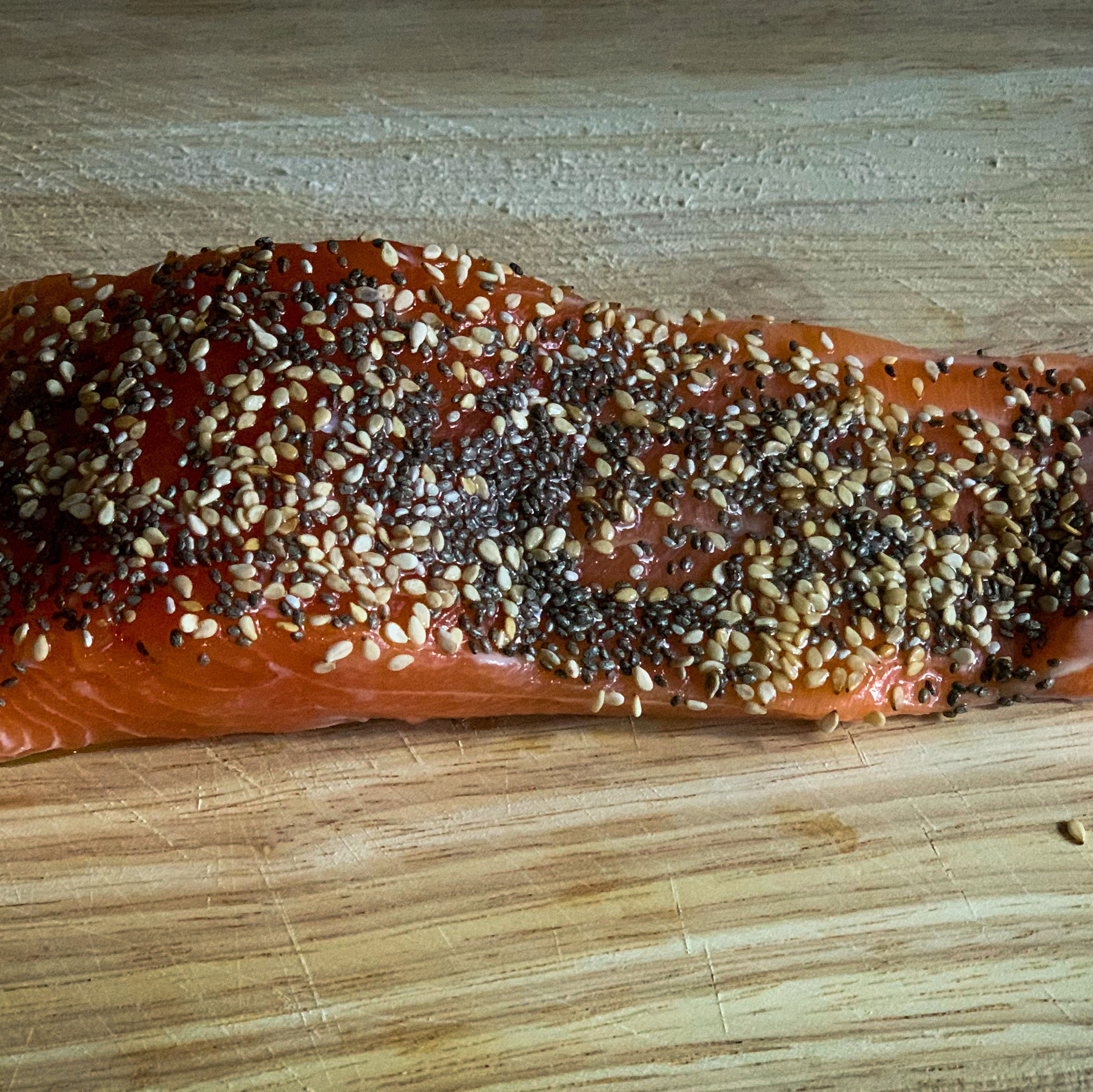 In a pan with a bit of olive oil, when hot but not smoking, put the salmon and cook it about 1 min per side.