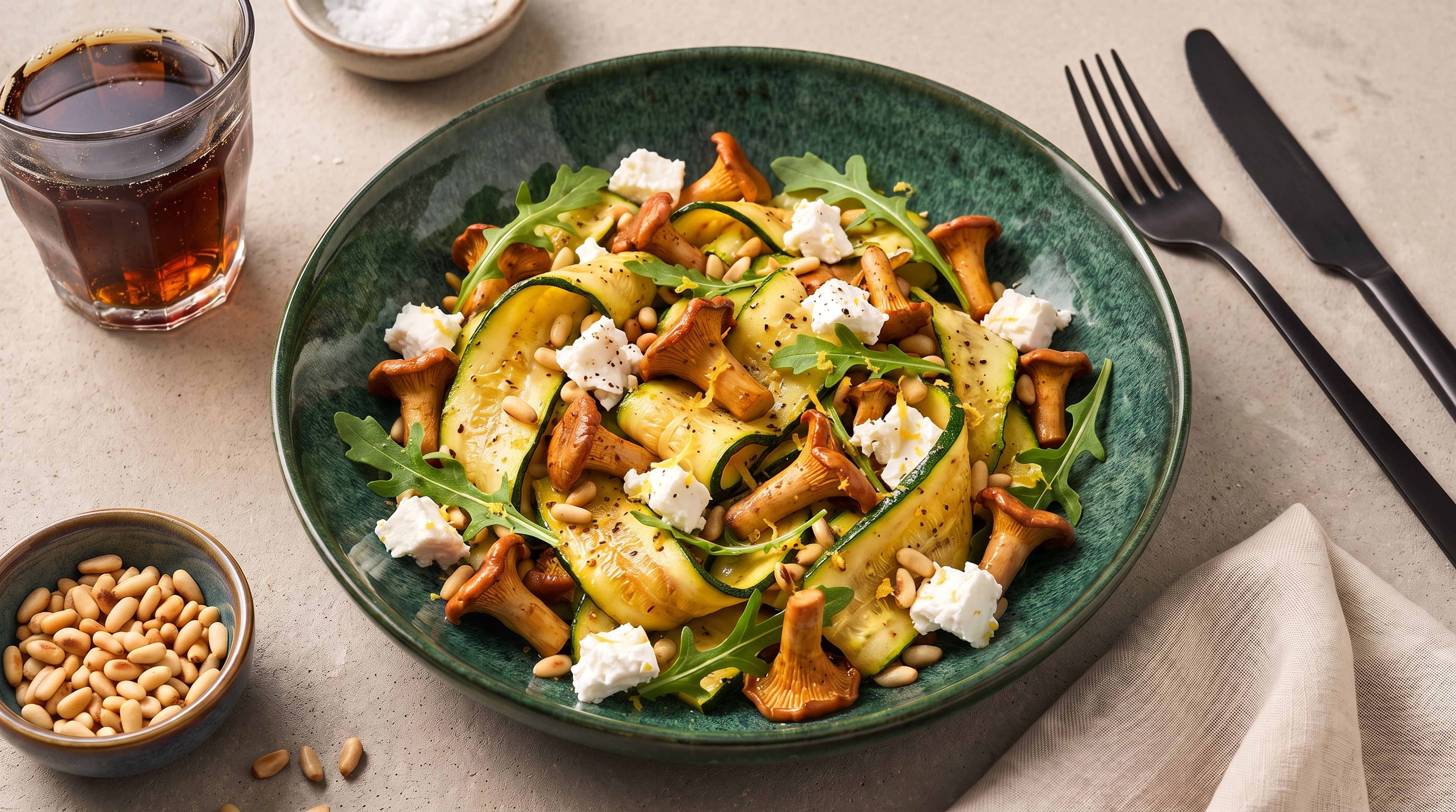 Würziger Zucchinisalat mit gebratenen Pfifferlingen und Feta