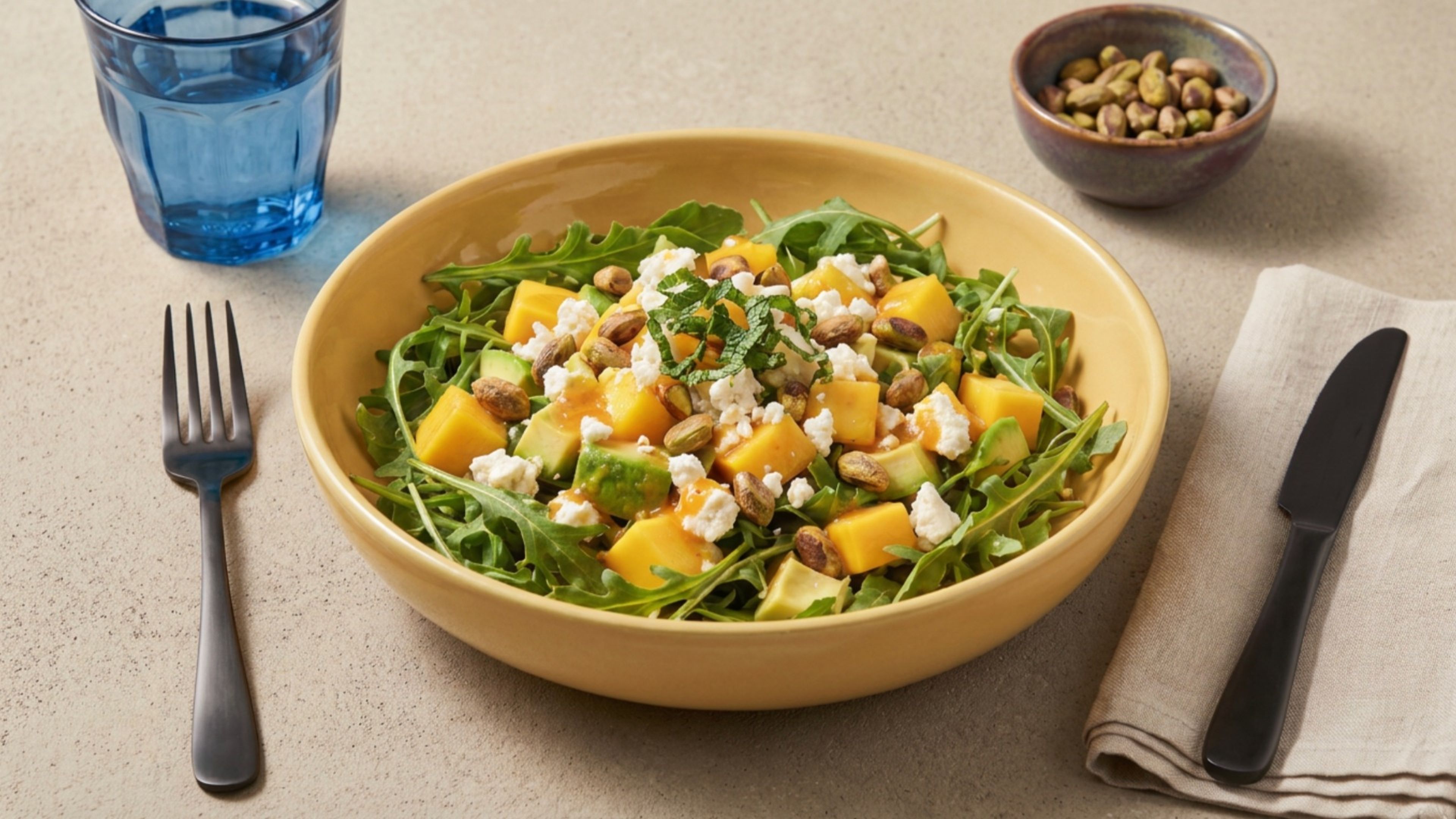 Veganer Rucola-Salat mit Mango, Avocado und Pistazien