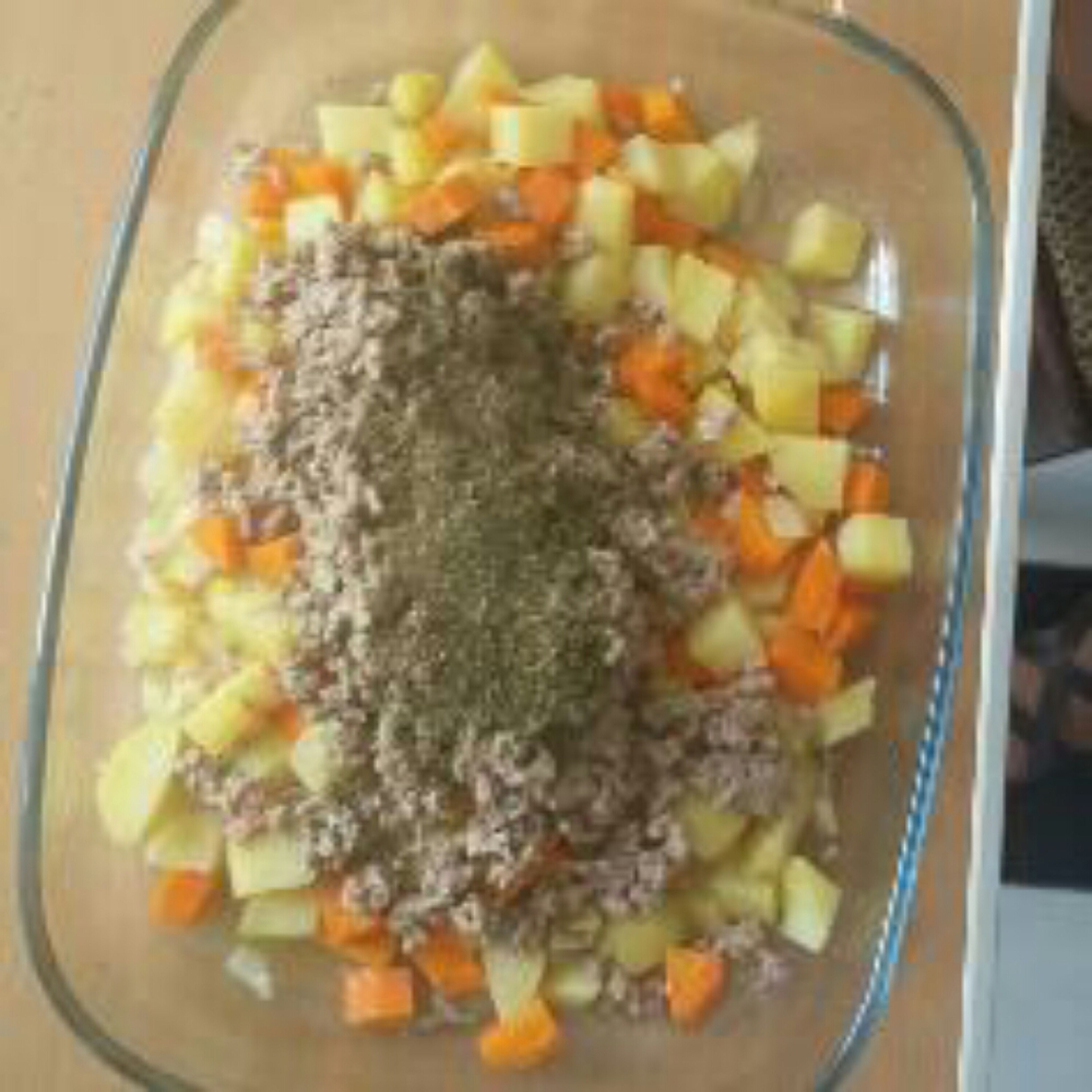 mix meat, vegetables and savoury (chubritsa) in the dish