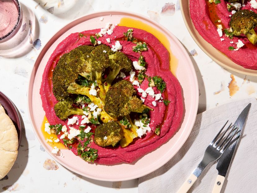 Broccoli steaks with beetroot hummus