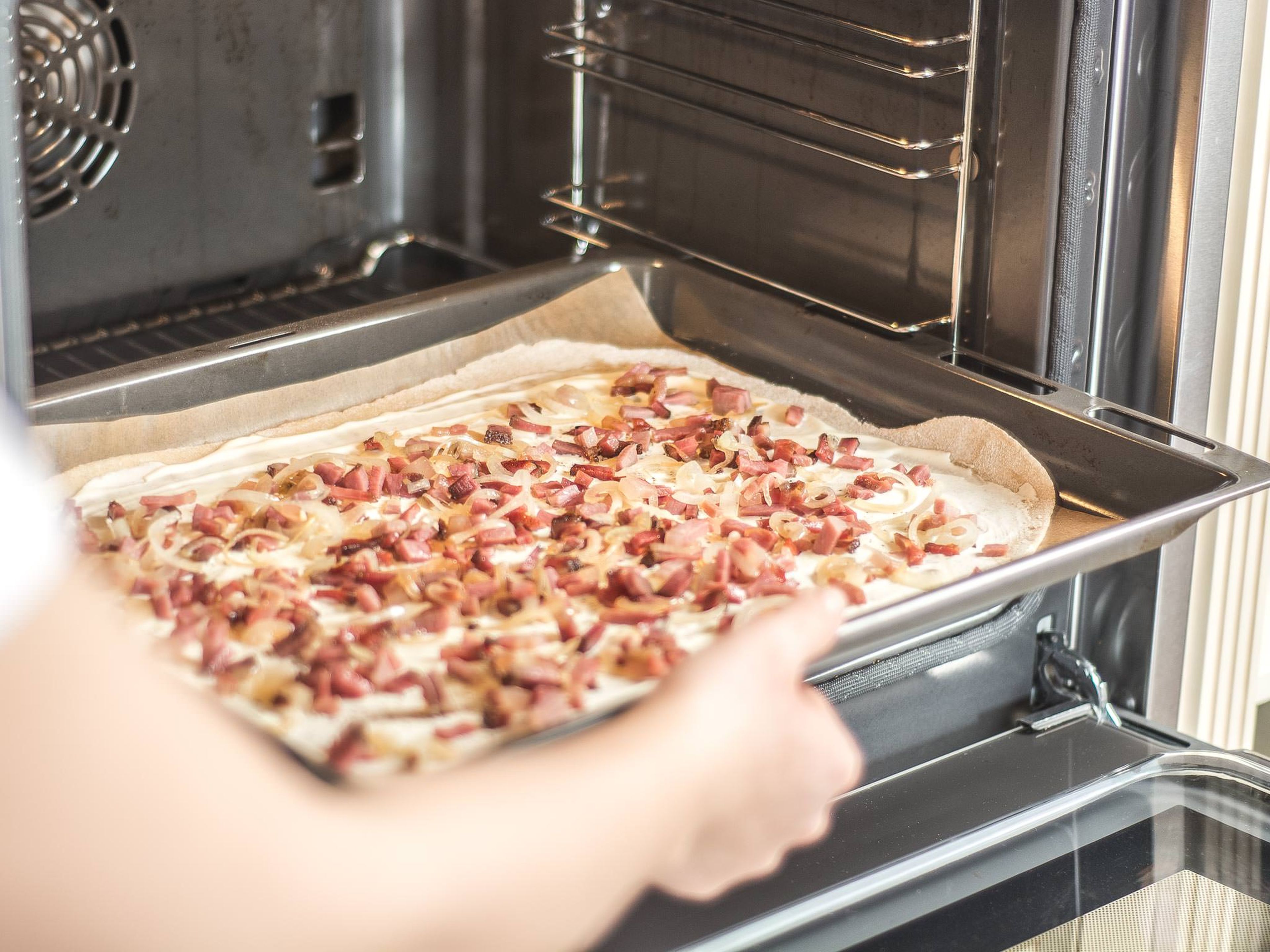 Bake in a preheated oven at 240°C/ 465°F for approx. 15 – 20 min. until golden brown. Sprinkle chives on top before serving and enjoy straight from the oven.