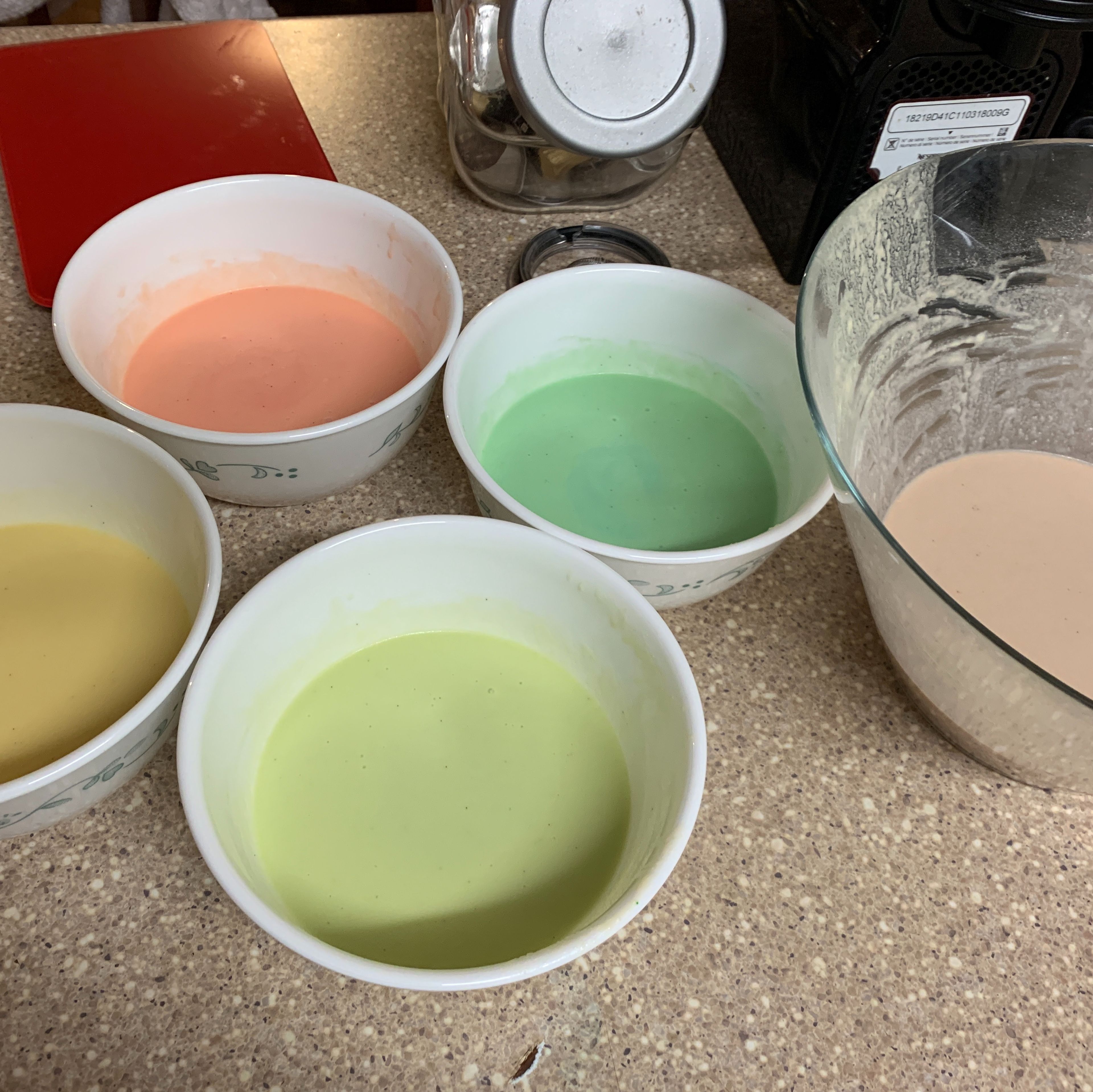 Divide the mixture into 5 equal portion￼ then add whatever colours you want. I’ve used pick, green, yellow, lime and purple.