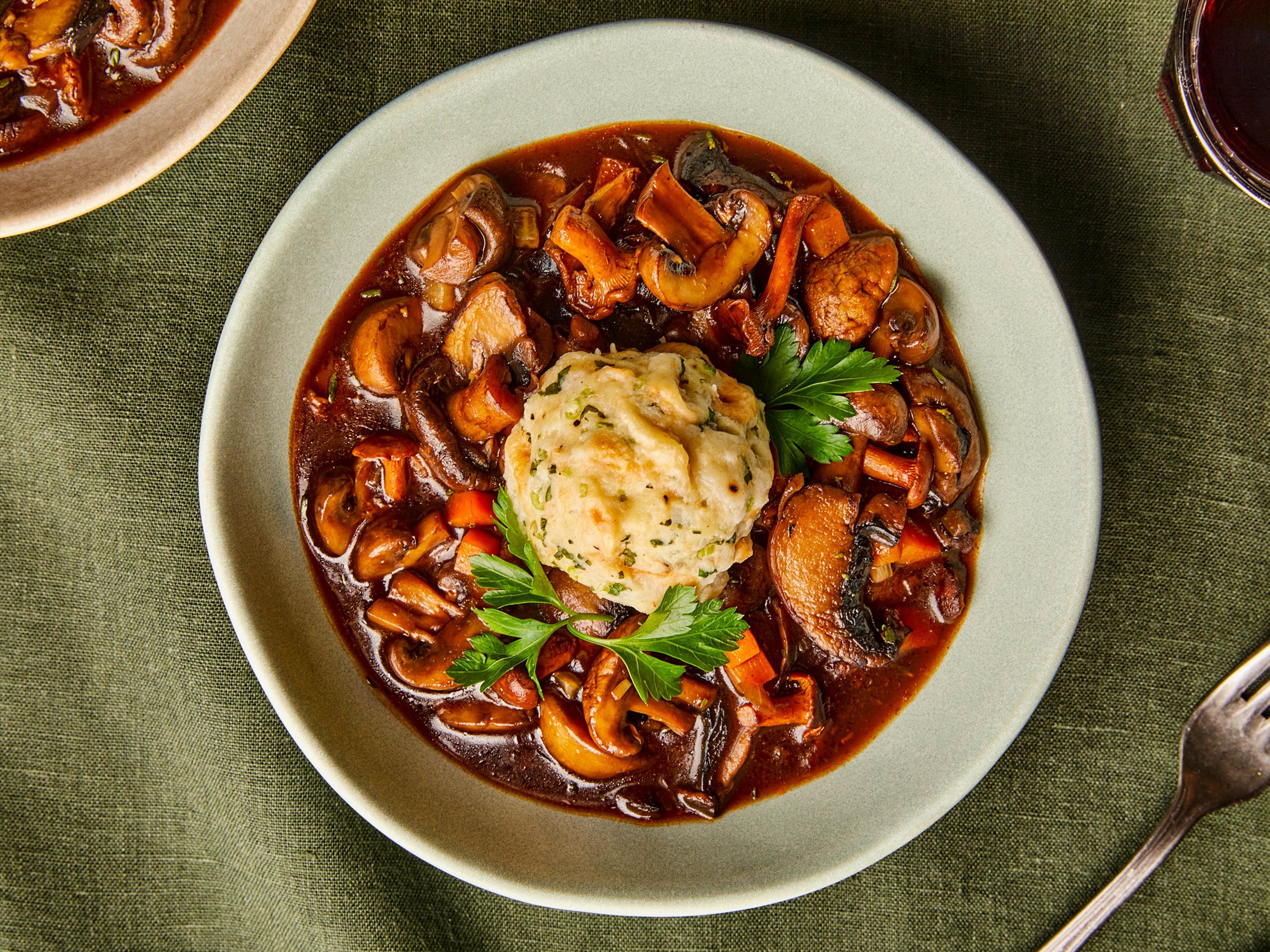 Vegan mushroom goulash with dumplings