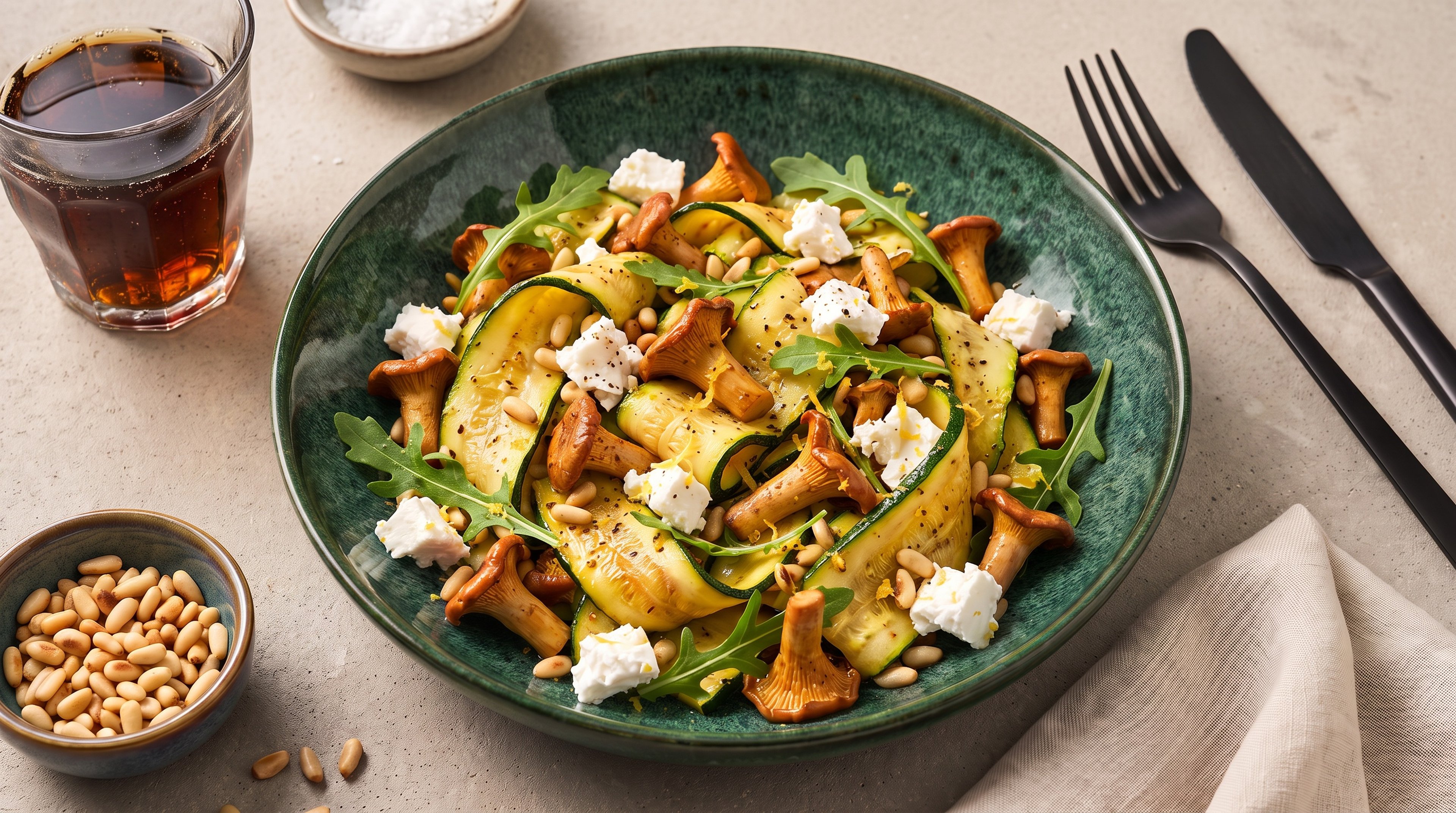 Würziger Zucchinisalat mit gebratenen Pfifferlingen und Feta