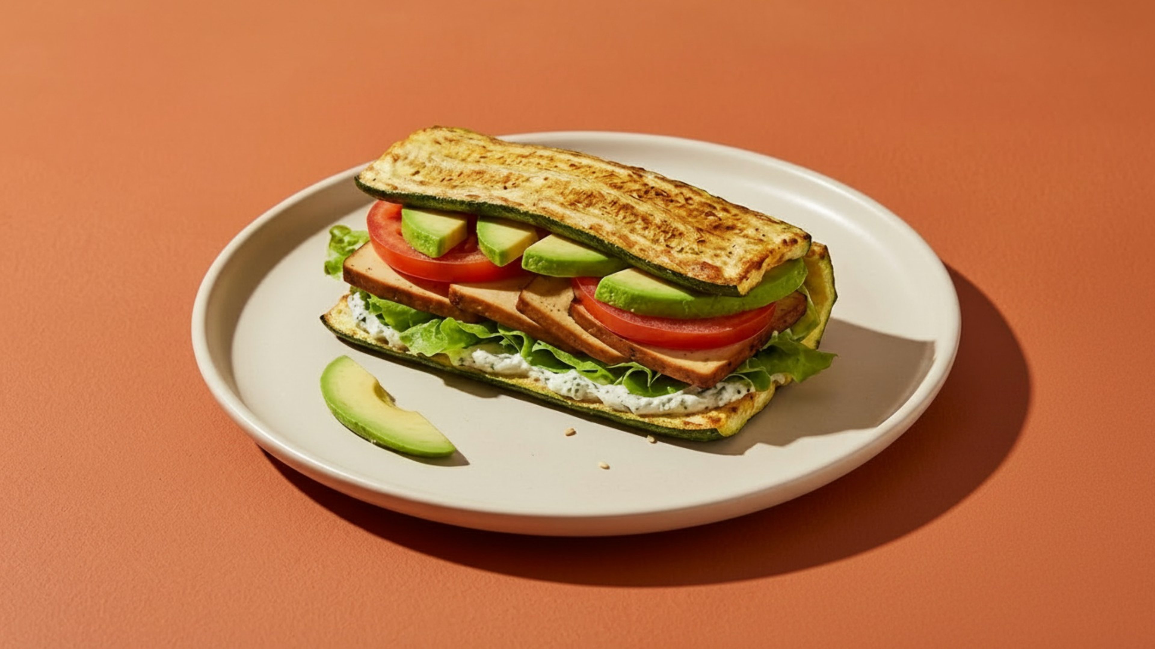 Zucchini statt Brot: Ein herzhaftes veganes Sandwich mit Räuchertofu und Avocado