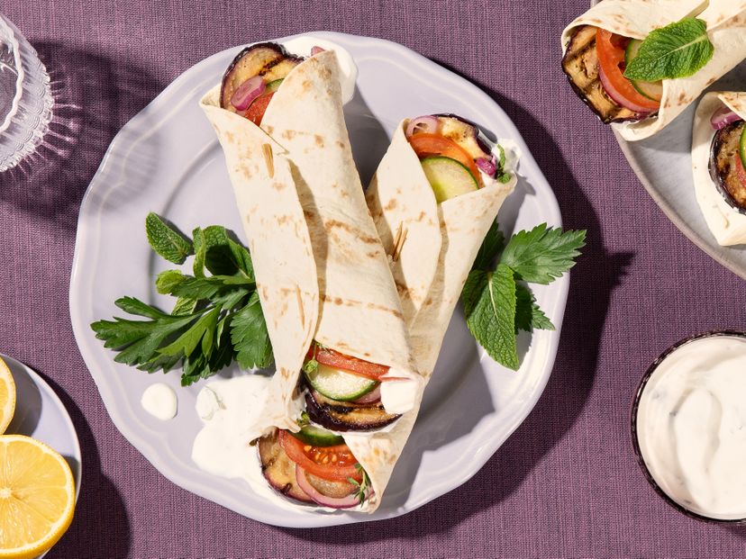 Grilled eggplant wraps with fresh yogurt sauce