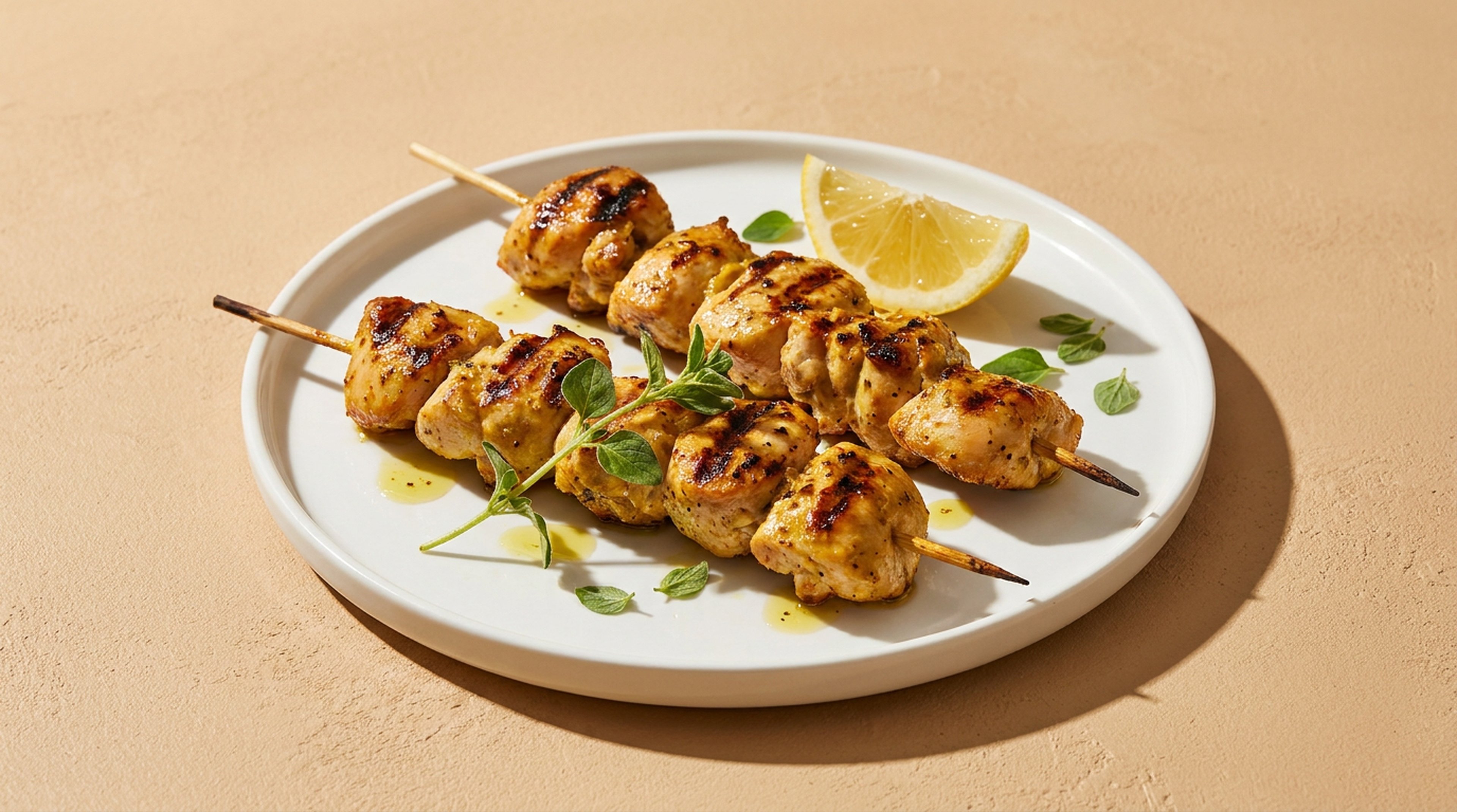 Mediterrane Hähnchenspieße vom Grill mit Zitrone und Kräutern