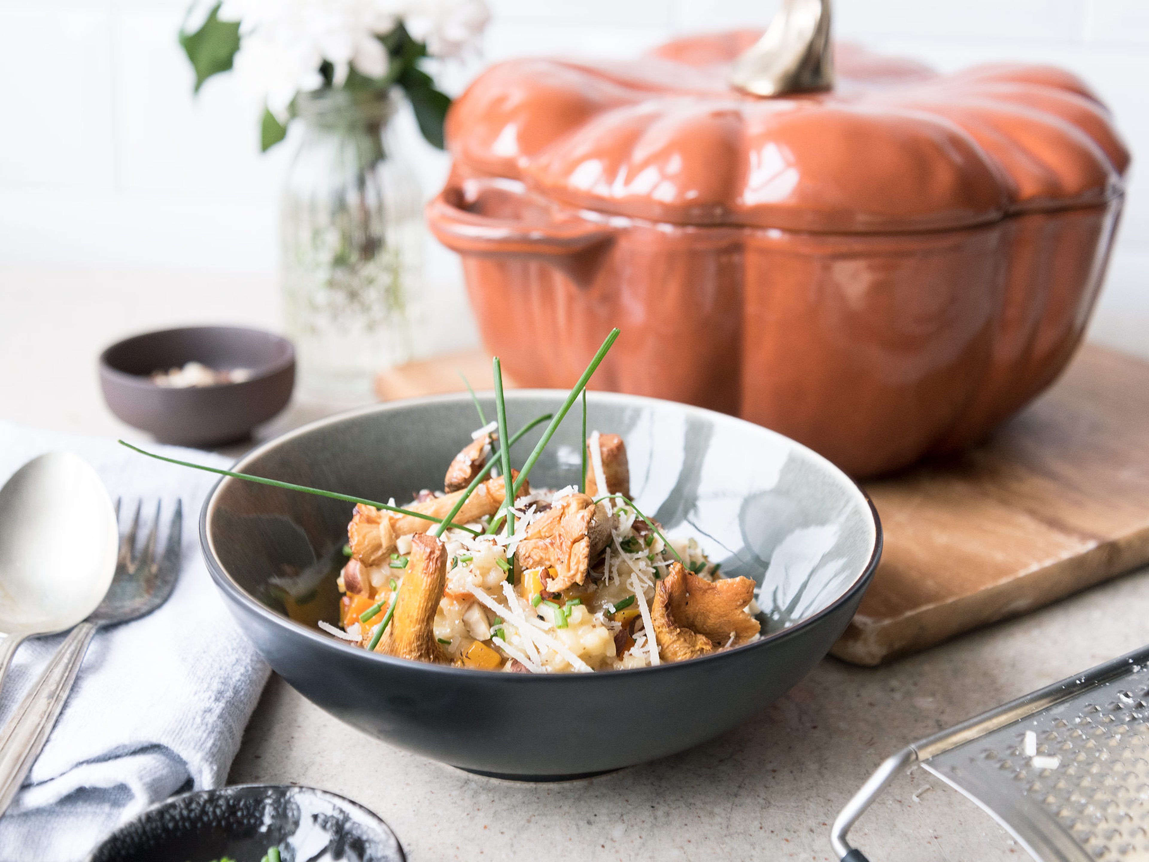 Pumpkin risotto with chanterelles and hazelnuts