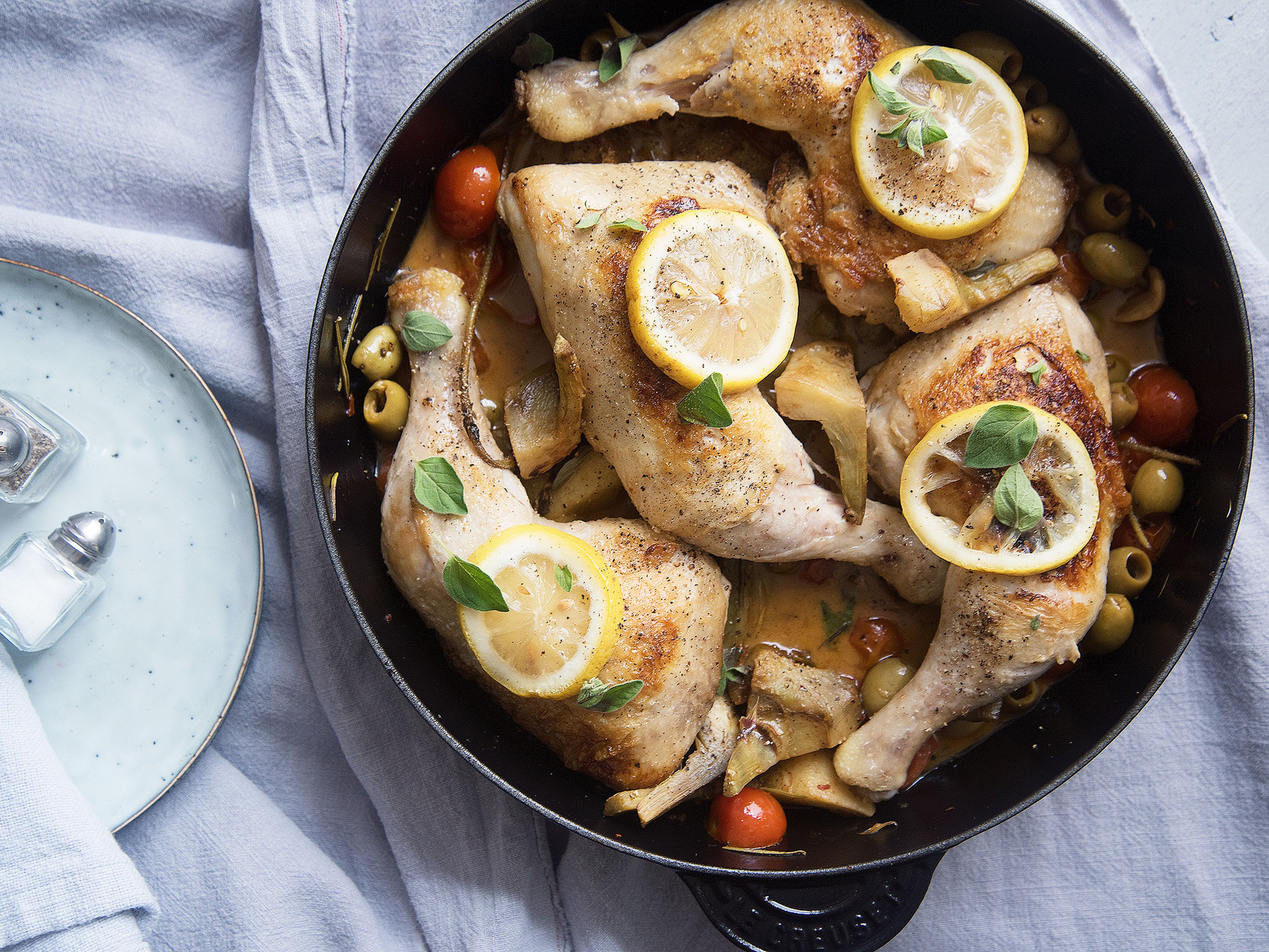 Braised chicken and artichokes