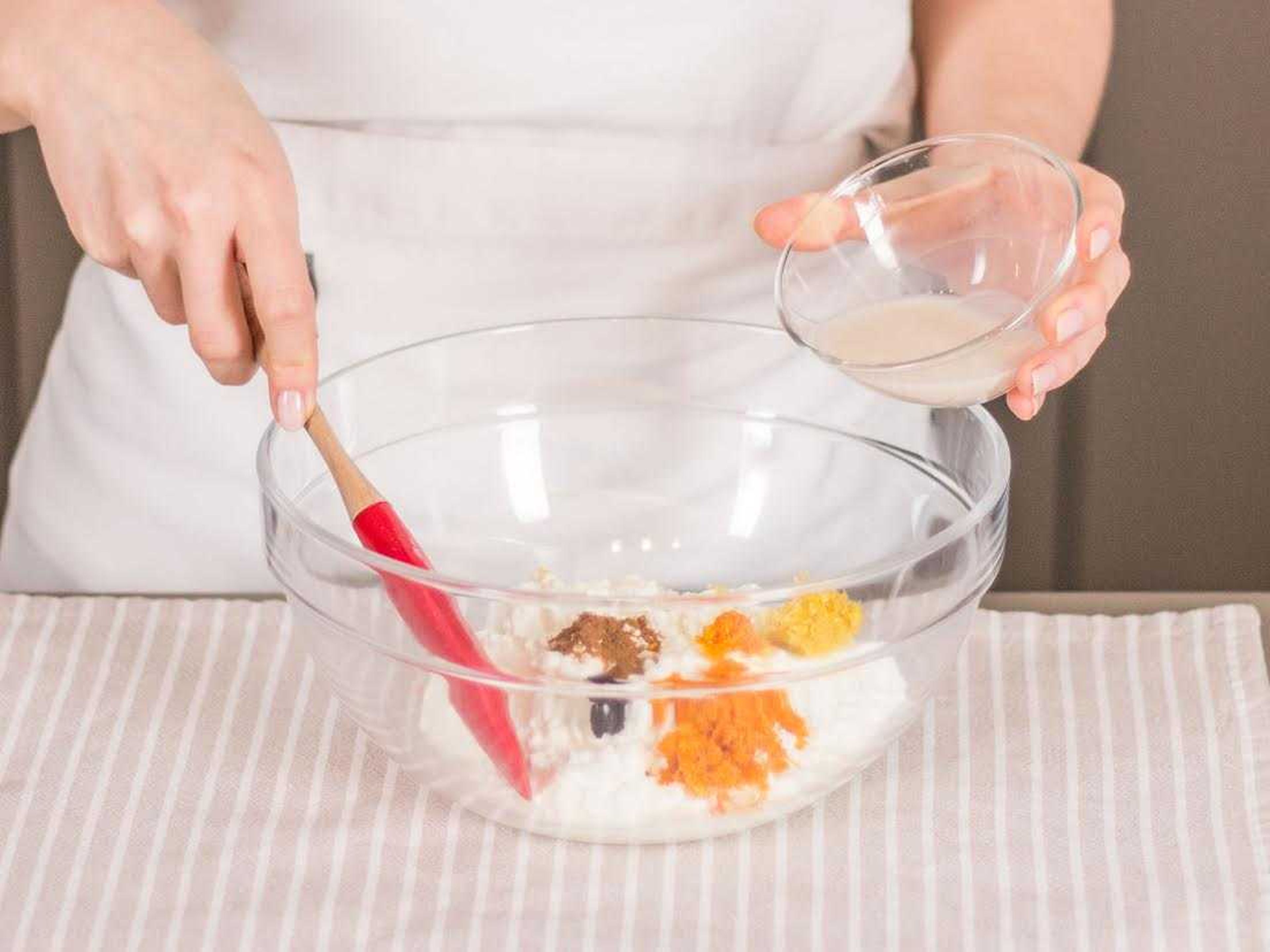 Add almond milk to a small bowl and set aside. In a large bowl, combine cotton cheese, vanilla, orange zest, lemon zest, and cinnamon and mix until combined. Add almond milk, adding more if necessary to reach desired texture. Sweeten the rice pudding with stevia. Transfer bowl to refrigerator and let rest for approx. 30 min.
