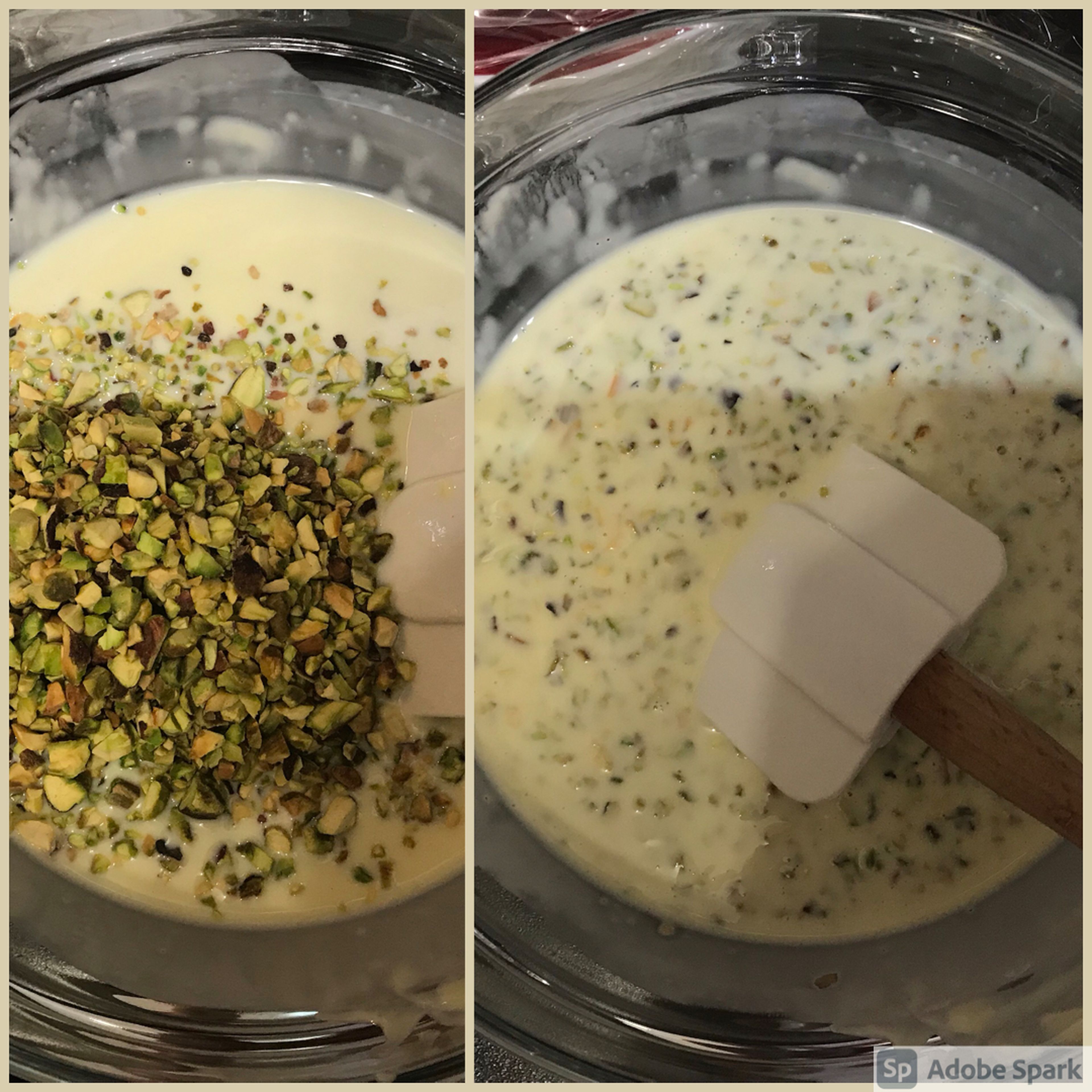 Stir pistachios through white chocolate. Set aside to cool to 35-40C.