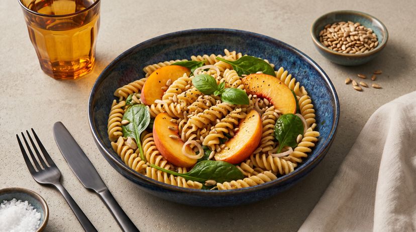 Veganer Nudelsalat mit karamellisierten Pfirsichen und Spinat