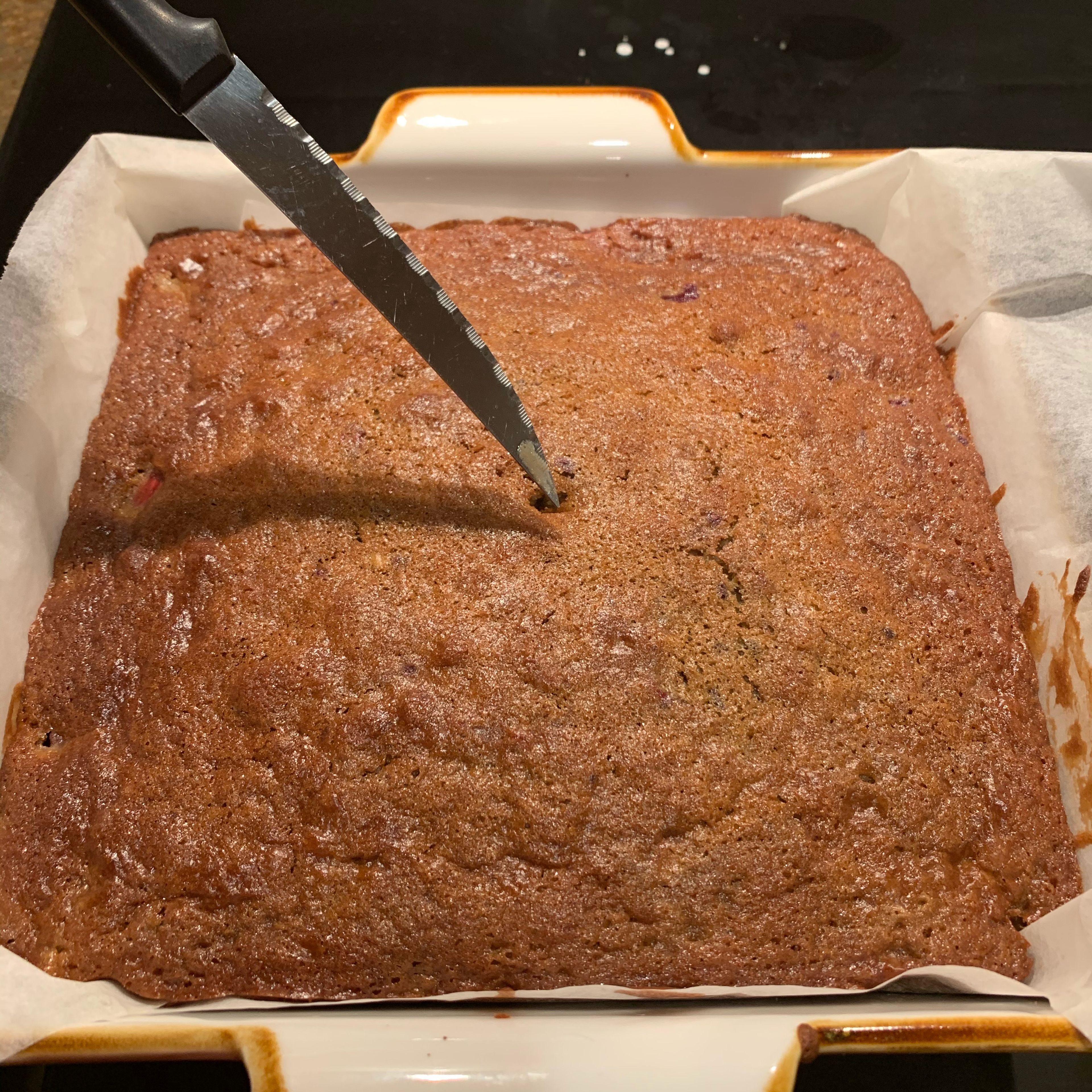 Bake for 40 - 45 mins in 180C oven. Centre should be soft (but not sloppy), with a little bit of mixture sticking to knife placed in middle.