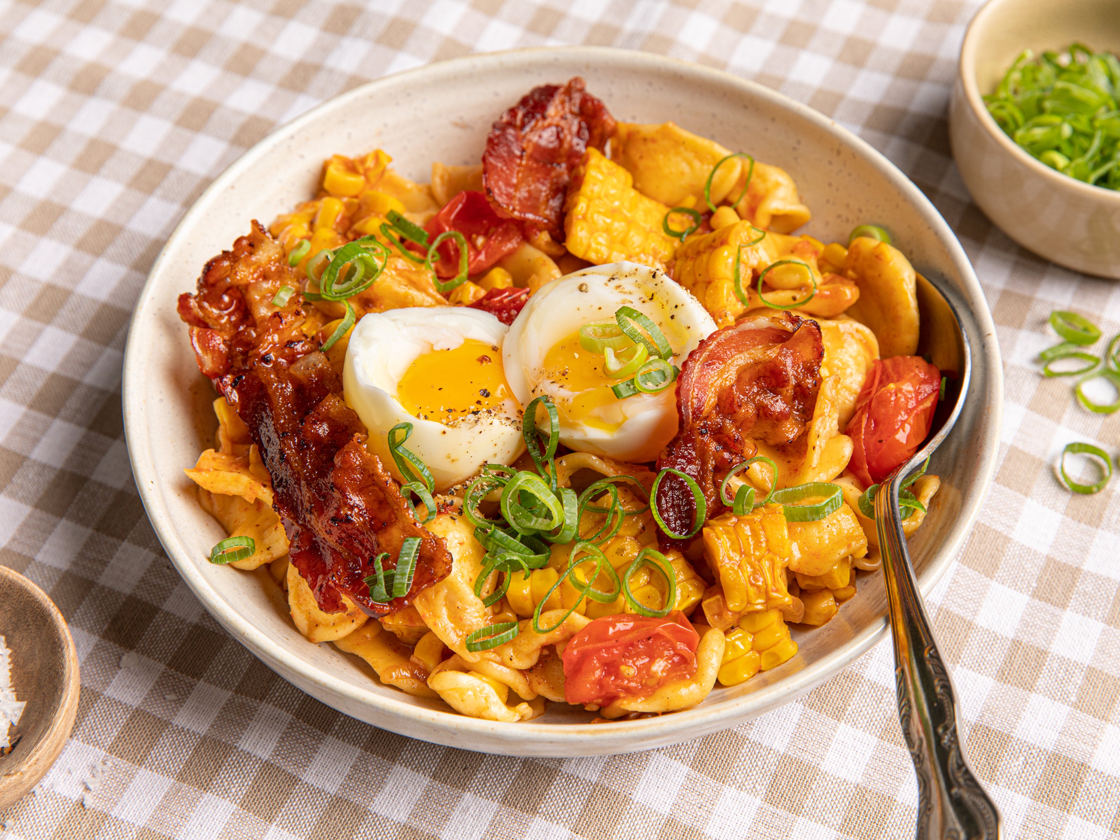 Orecchiette with sweet corn, crispy bacon, and soft eggs