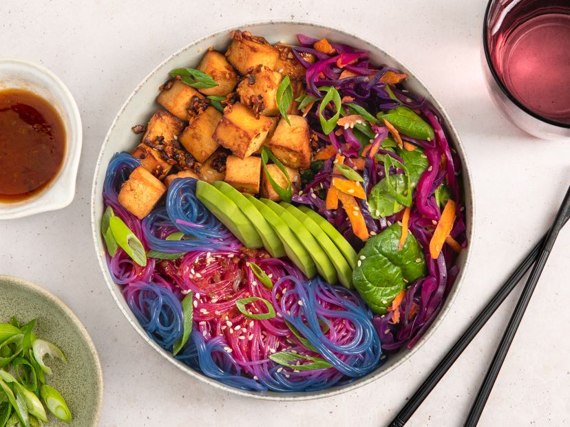 Rainbow glass noodle salad with tofu and red cabbage slaw