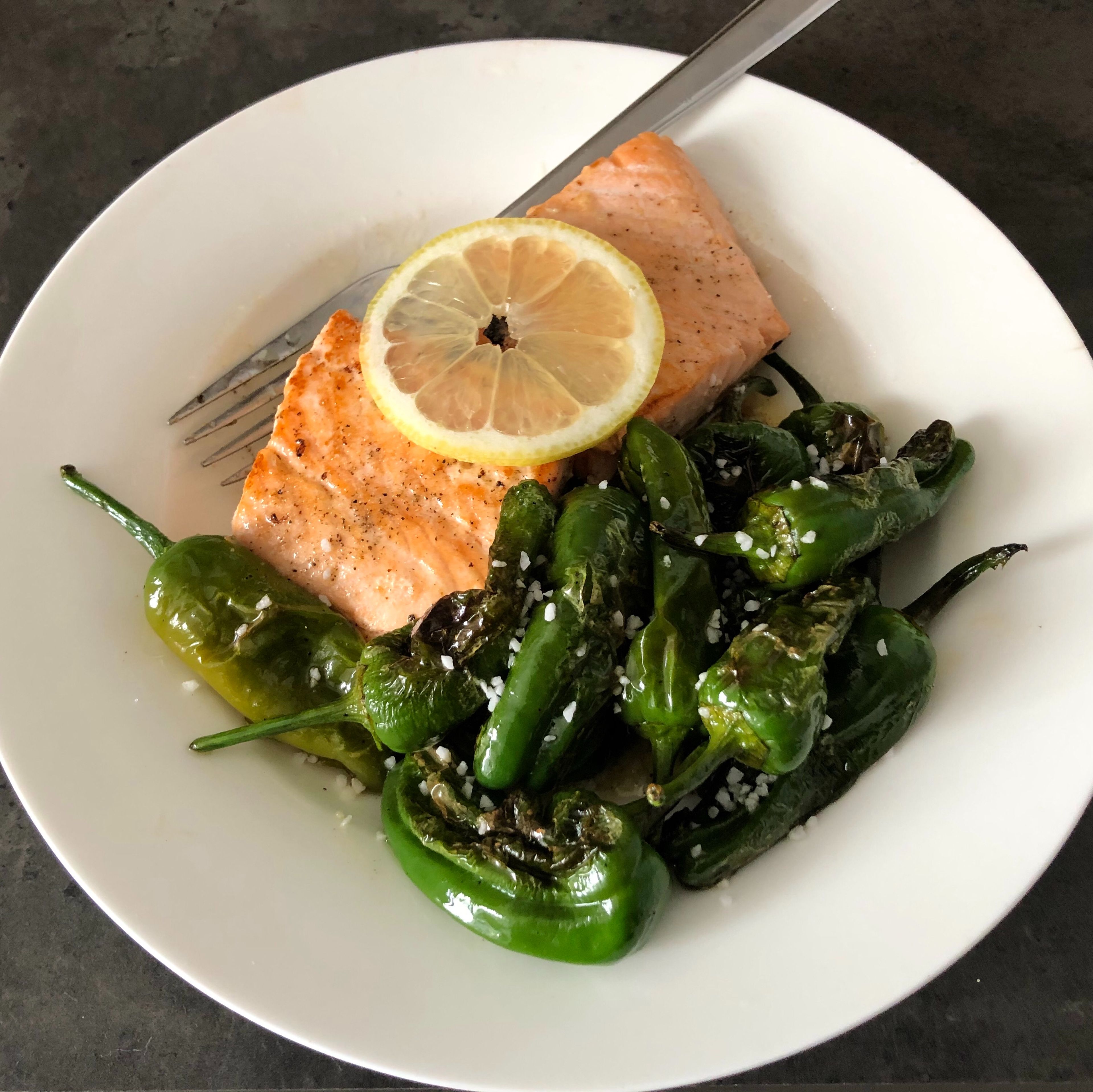 Salmon with Padrón peppers